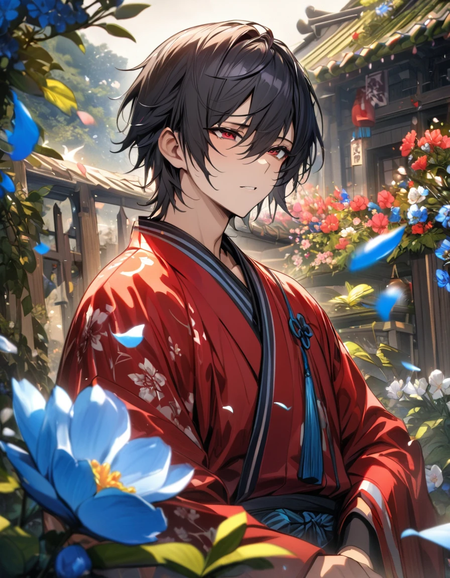 absurdres, highres, ultra detailed, HDR, masterpiece, Koujaku, dark navy hair that is short and a little chopped at the top, has a thick fringe that covers the right side of his face and keeps the rest tied, expressive red eyes, Dramatical Murder, red kimono, designed with decorations such as blue leaves, blossoms and birds, 1man, handsome, garden, petals