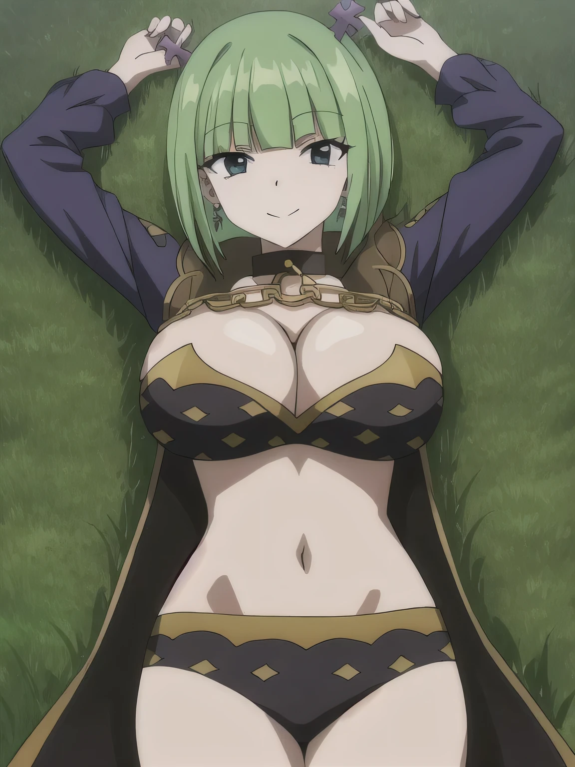 brandish, 1girl, solo, looking at viewer, cleavage, collar, chain, anime coloring, closed mouth, solo, spread arms, arms up, smile, lying, on back, on grass, looking at viewer, solo, in the center, (cowboy shot: 1.3), high quality, expressionless,
