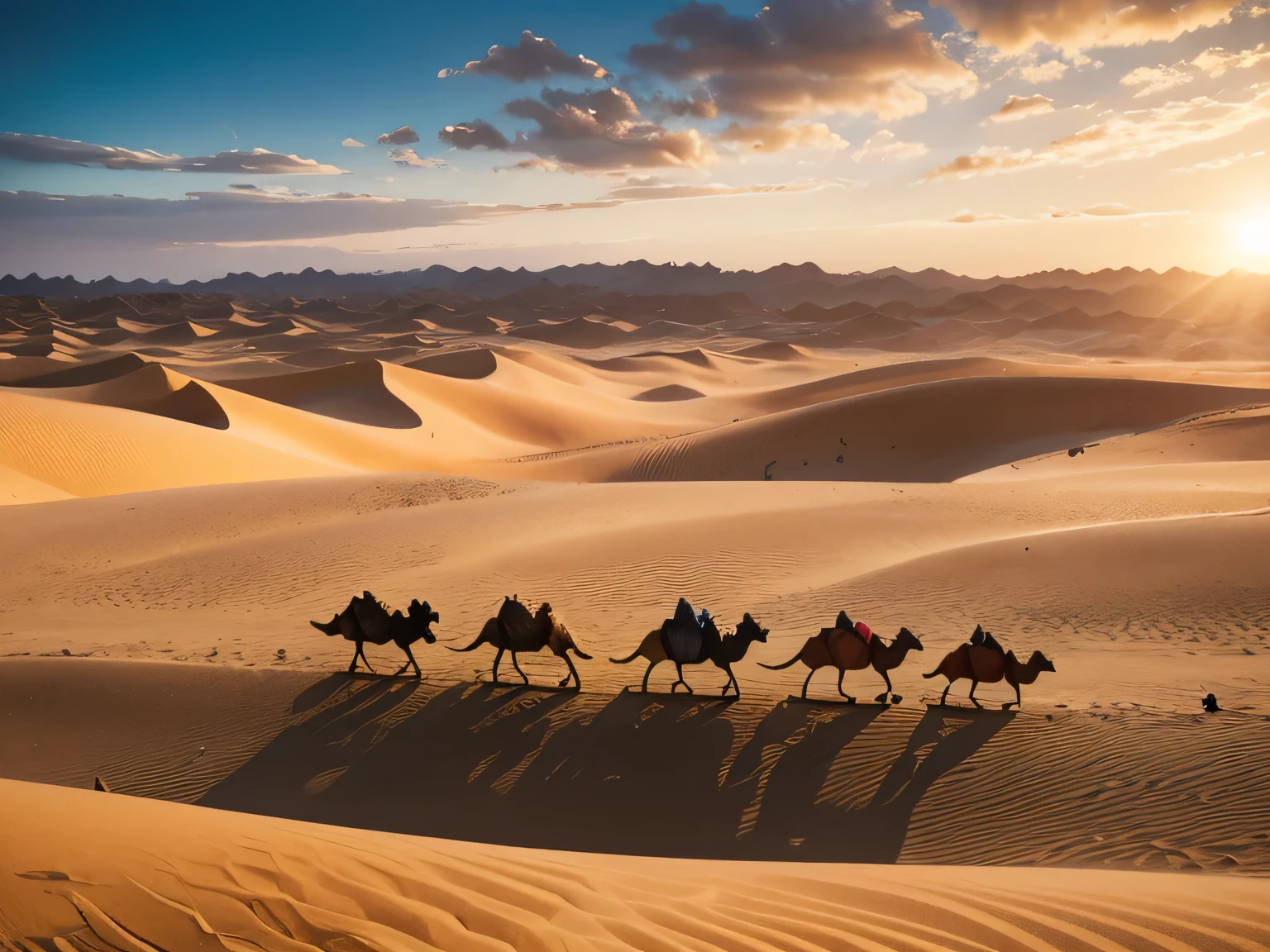 Endless gold sand dunes,在夕阳的照射下发出了Orange,gold,Dark brown light,The sky is full of colorful clouds,White clouds glow with gold and float in the wind,((A long camel caravan in the distance,Walking slowly on the sand dunes)),Desert Wind,It seems to be telling the story of this ancient land.,red,yellow,Orange,brown tones,Decorate the natural landscape with colorful colors,Surreal art,Exquisite details,big scene,medium to long shot,High viewing angle,Long-range view,Long depth of field,ambient light,rim light,film light,--4:3 --style600 --v5