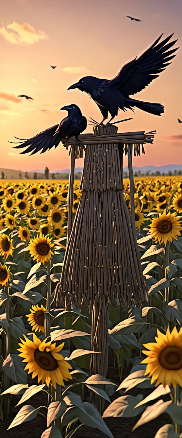 long shot, ((crow standing on a scarecrow full body:1.7)), in a field of sunflowers, the scarecrow is wearing a hat and field clothes:1.4,((best quality)), ((masterpiece)), (body and highly detailed face: 1.6), 3D, Beautiful, unreal engine: 1.4, CG K ultra realistic, photorealistic: 1.4, skin texture: 1.4, (((sunset))) ,(( perfect and sharp image:1.6)) , 32k