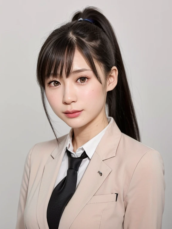 (kawaii 24 year-old Japanese girl, Nogizaka idol, Korean idol), (glossy black hair, high ponytail, ponytail must be behind the shoulders:1.3), (bangs), (rounded face, black eyes, single eyelid, no makeup, relaxed expression:1.2), (wearing blazer jacket, collared shirt, necktie:1.3), flat chest, extra small breasts, (looking straight at camera:1.2), BREAK, (simple white background:1.3), (view from straight forward, portrait, id photo:1.3), face focus, BREAK, (masterpiece, best quality, photo realistic, official art:1.4), (UHD, 8K quality wallpaper, high resolution, raw photo, golden ratio:1.2), (shiny skin), professional lighting, physically based rendering, award winning, (perfect anatomy, highly detailed skin, extremely detailed face and eyes), Carl Zeiss 85 mm F/1.4, depth of field, 1girl, solo,