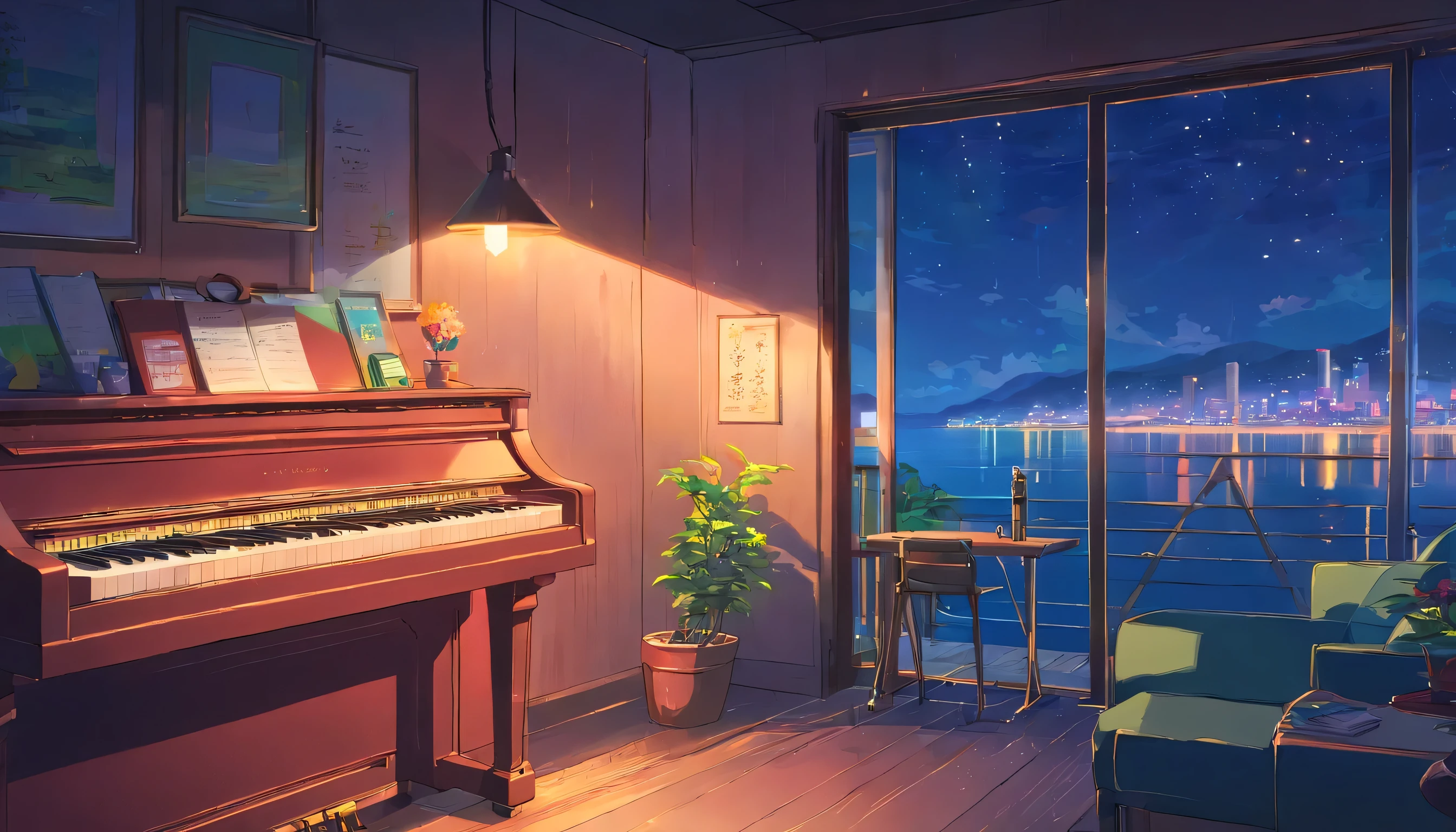 【best masterpiece】Piano Jazz Bar, dream, please wear headphones, night light, Neon landscape on a rainy day, analog color theme, lo-fi hip hop , retrospective, flat, 2.5D ,Draw a line, ink painting, Osaka road, watercolor painting, gouache color, very colorful, outerton, Krautlock, Lofiato,old texture, amplitude,Psychedelic atmosphere, masterpiece, Technology of Wonders,Darken the room,A beautiful night seaside with a starry sky outside the window