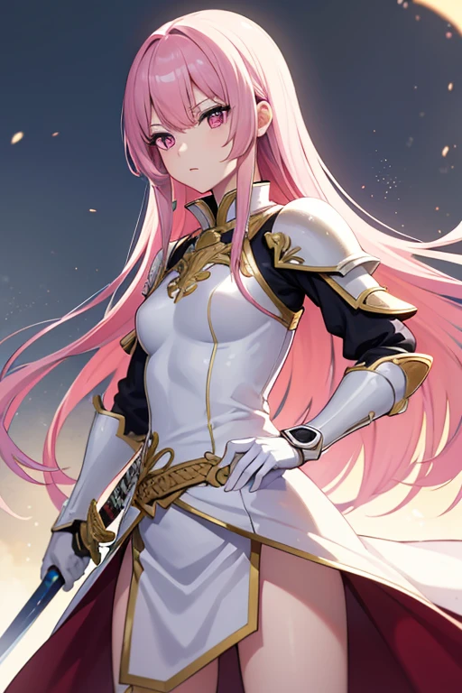 最high quality,very detailed,high quality,Extremely detailed,masterpiece,Super fine,ultra high resolution,超high quality,super delicate face,super realistic,(1 person:1.2)、woman、(Mature:1.5)、pink hair color、(pink eyes)、small breasts 、slender body、serious face、Anime character with sword and armor、(holding a sword:1.2)、adventurer　(whole body:1.3)、(white background:1.5)