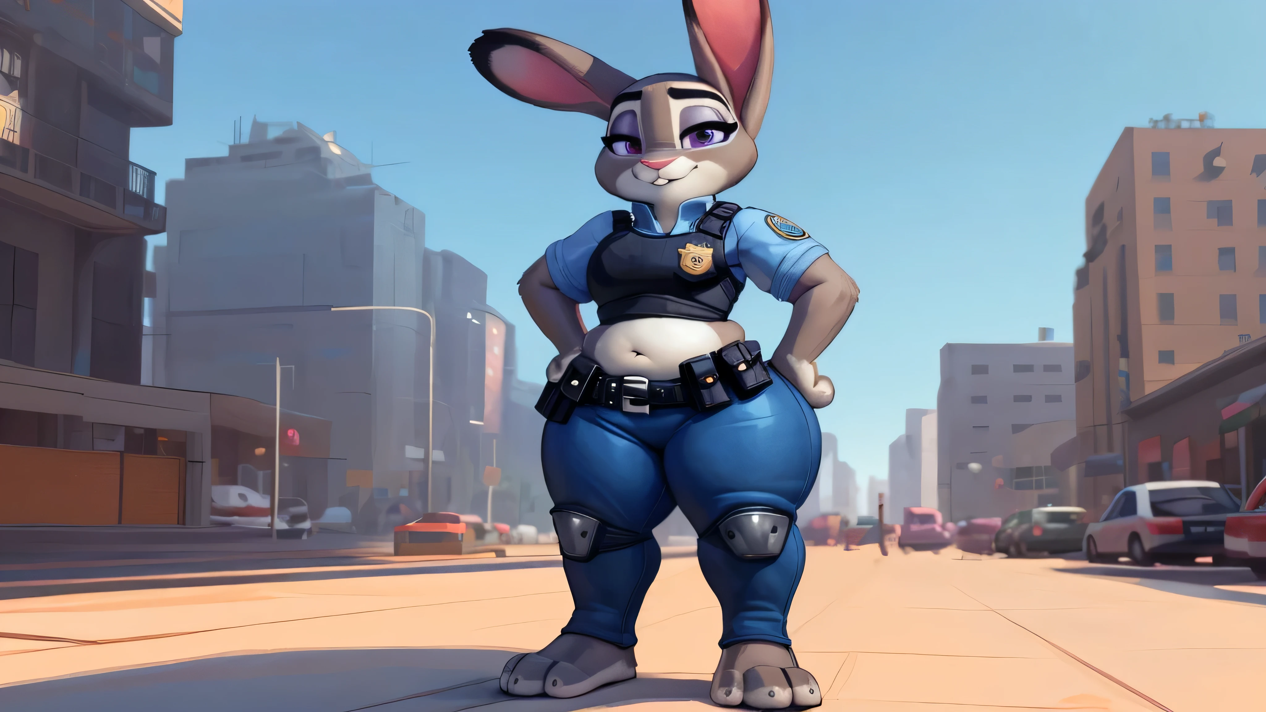 [Judy Hopps], [carregado para e621.liquid; (Pixelsketcher), (wamudraws), (siroque)], ((obra de arte)), ((High definition)), ((high resolution)), ((retrato solo)), ((corpo todo)), ((vista frontal)), ((visible feet)), ((peludo; antropo)), ((pele detalhada)), ((sombreamento detalhado)), ((beautiful rendering art)), {antropo rabbit; pelo cinza, nariz preto, (orelhas de coelho multicoloridas), (curvy hips), (Lindas pernas), (beautiful feet), (lindos olhos roxos), (sorriso fofo)}, {(uniforme policial), (ZPD Police Badge), (tight blue pants)}, {(standing), (hands on hips), olhando para o espectador)}, [fundo; (cidade zootopia), (skyscrapers), (blue sky), (raios solares)], super obese, fat bunny, sexy pose, cute face, wide waist, thunder thighs, fat thighs, massive , fat arms