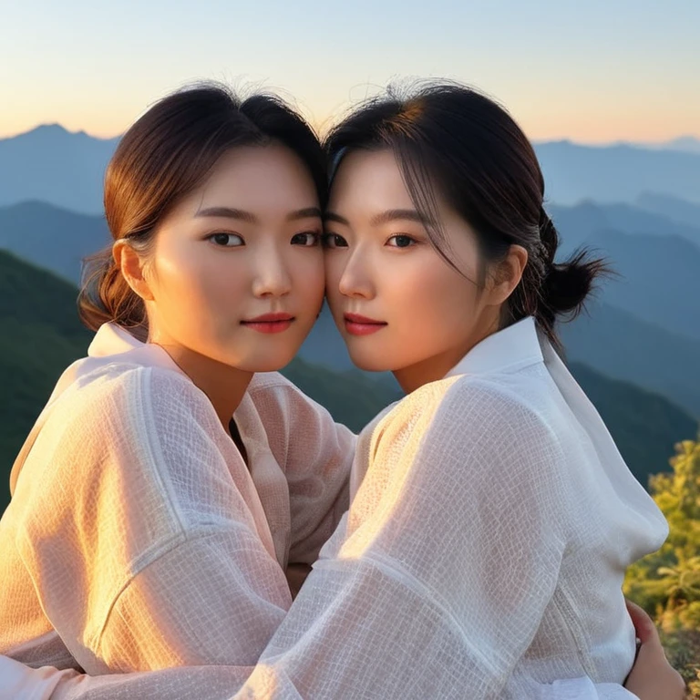 (high resolution, ultra-detailed, photorealistic), ((half body:1.4)) photo of sjang and her identical twin, leaning on each other, mountaintop, sunset, beautiful, amazing