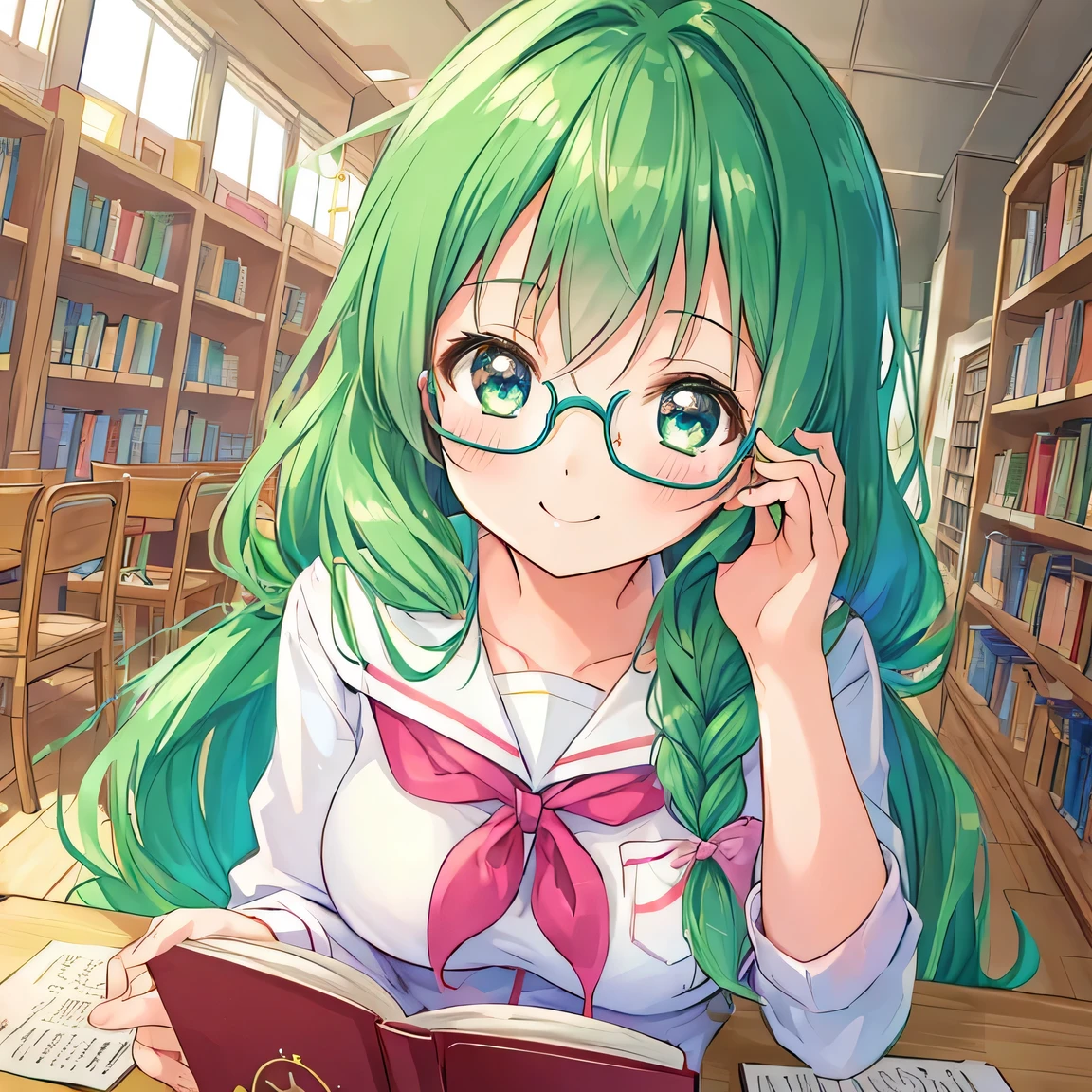 ((masterpiece)), ((best quality)), (ultra-detailed), ((kawaii)), cute, (lovely), illustration, anime style, dynamic angle, upper body, focus on upper body, a cute girl, 1girl, solo, school Library, serafuku, (beautiful eyes), beautiful green hair, long hair, braid, medium breast, slim, slender, glasses, concentrating on a book, smile.
