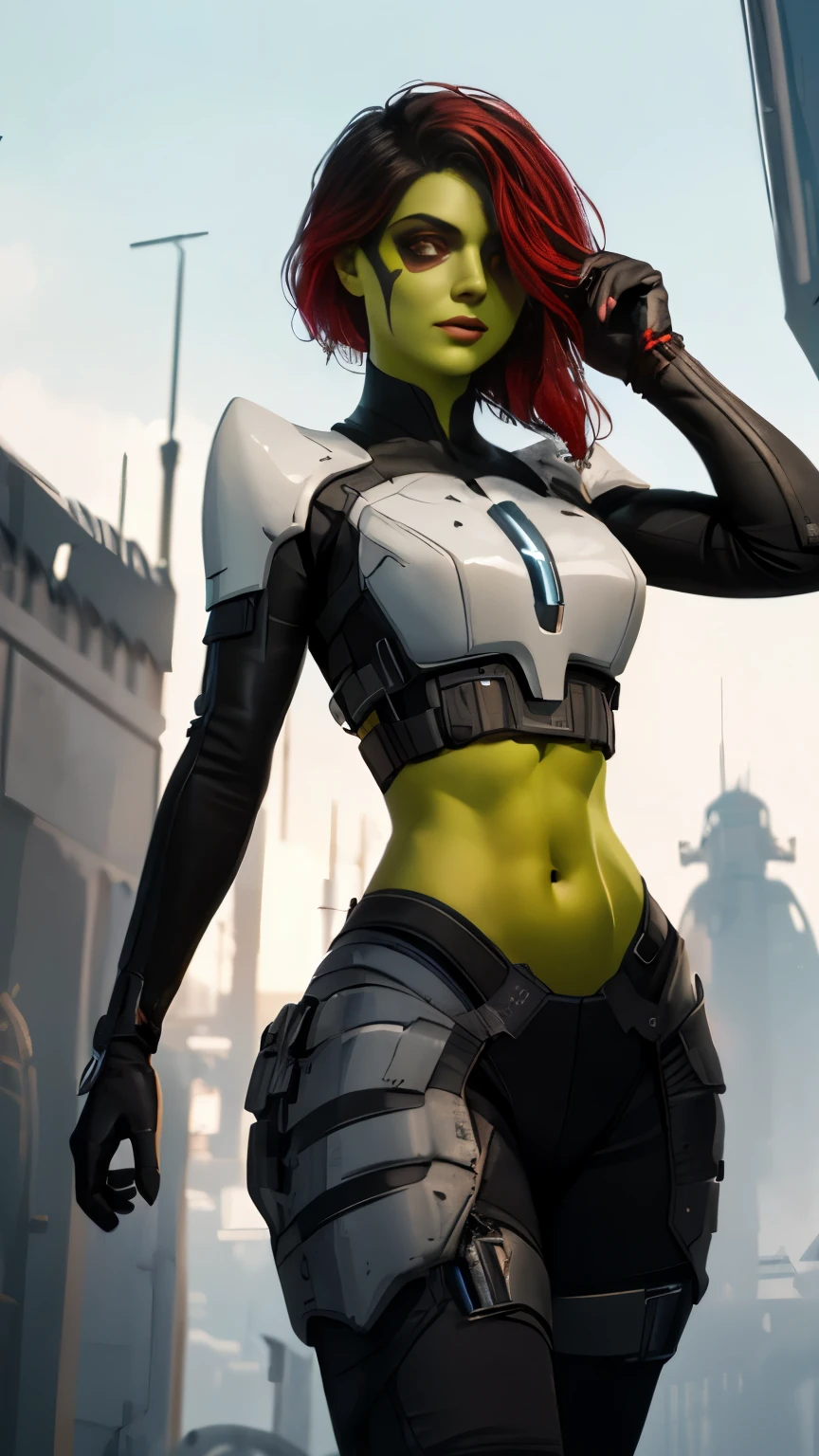 (Highly quality, masterpiece, detailed), science fiction city detailed scenario, science fiction detailed background, solo, 1woman, Gamora, green skin, multicolored hair, red eyes, hair over one eye, black and white crop top 1.3, Abdomen, black and white leggings, armor, gloves, sleeves, light smile, beautiful eyes, look at the viewer, Sexy pose