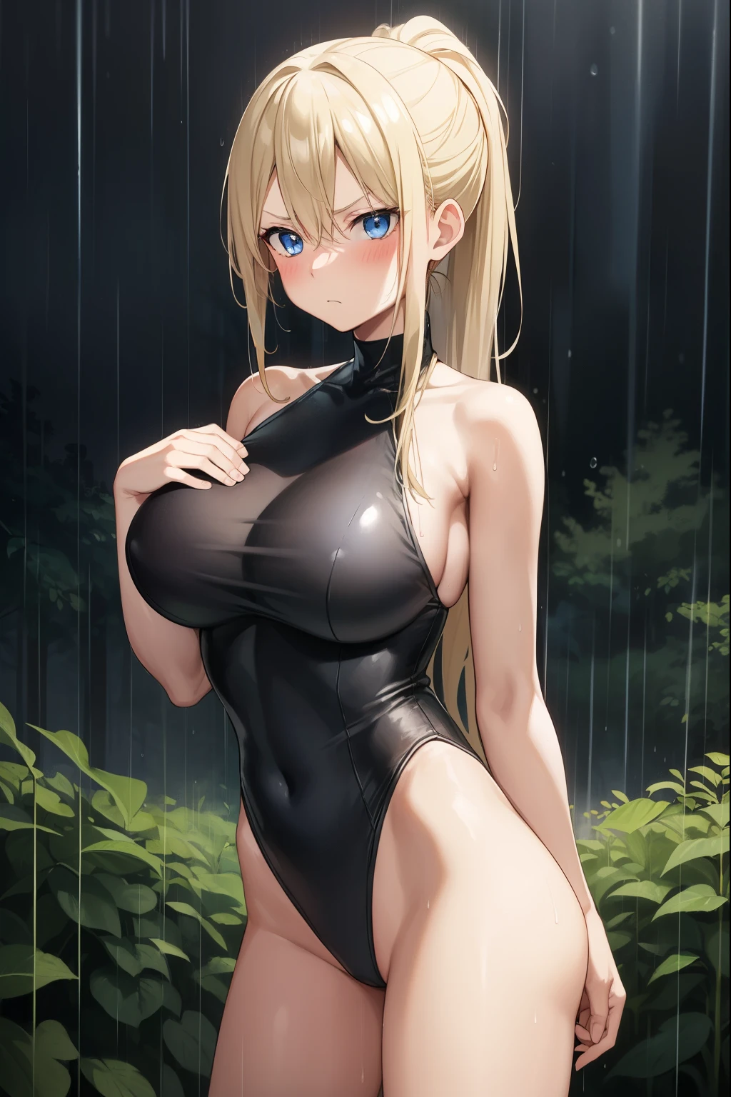forest,night,rain,soil,1 girl,blonde,ponytail,blue eyes,black leotard,Super High Leg Cut,serious face,blush,dark face,rainに濡れている女の子,,walk,dark face,bare hands,