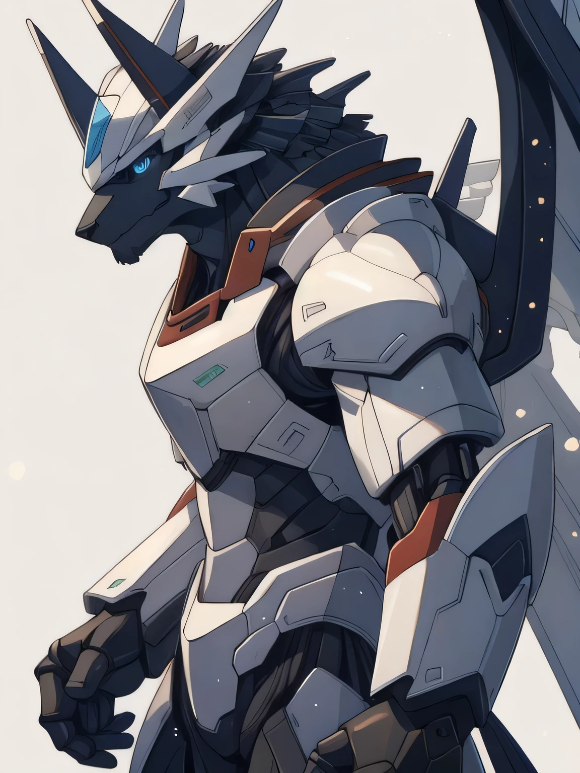 Hongmei tea,no humans,alone,arms,blue eyes,looking at the audience,Science fiction,luminescent,Keep it up,Keep arms,permanent,wing,V-shaped fins,luminescent eyes,clenched handss,clenched hands,black background,mechanical wing,look down,super,Gundam,direct,armor,gray background,whole body,sheath,White background,light particles,best quality,masterpiece,4K,8K,Very detailed,Detailed face,realistic proportions,sharp focus,(Hongmei tea),werewolf，Draw only the upper body