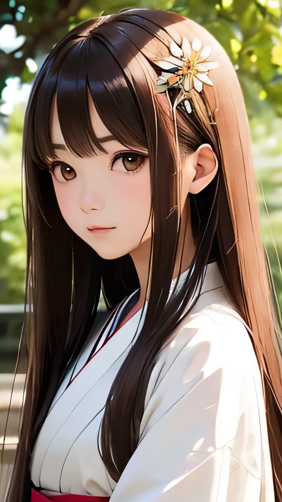 highest quality、realistic、Japanese、girl、zoom、look up、cute、brown eyes、chestnut hair、straight hair、long hair、comb your hair、white kimono、face close up、slender