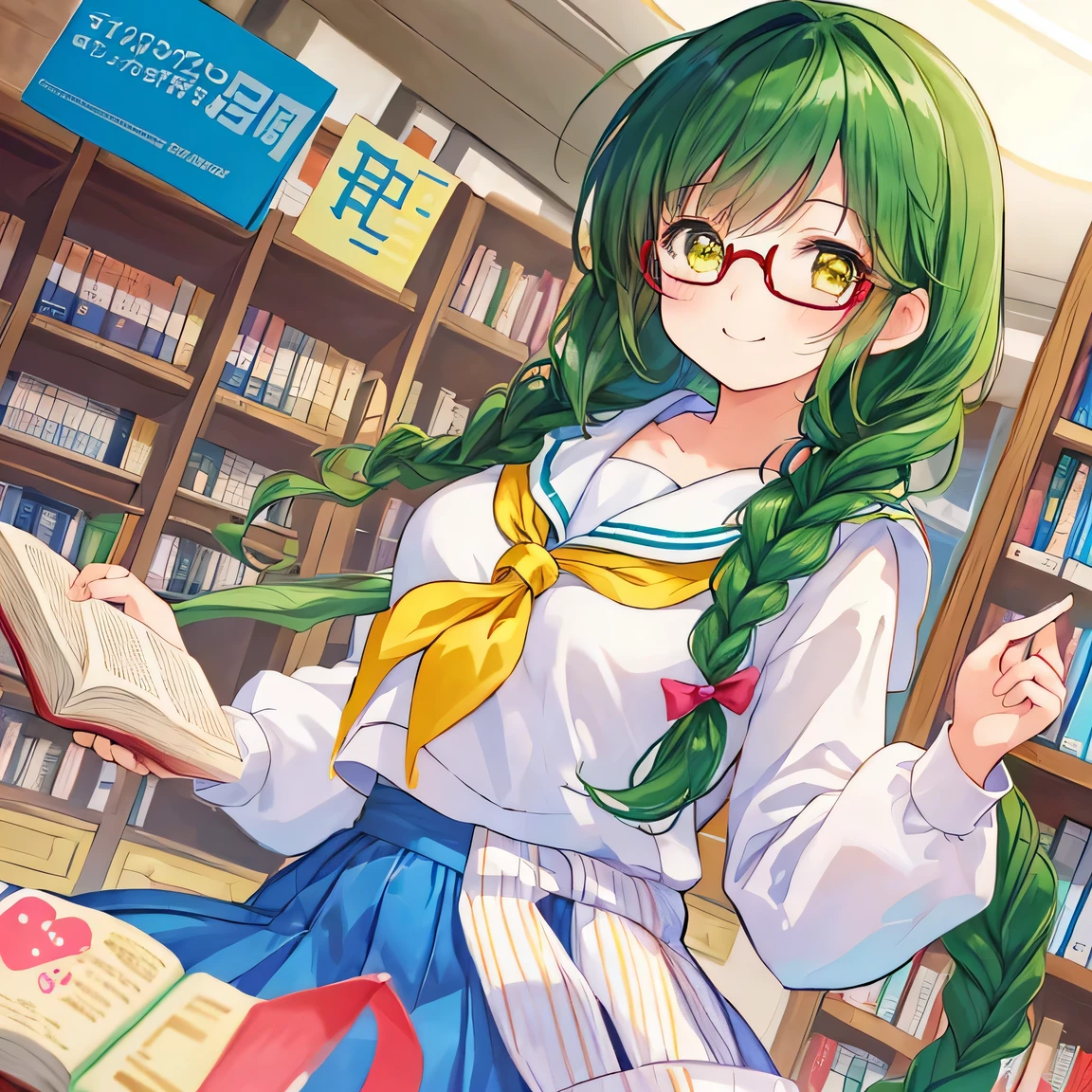 ((masterpiece)), ((best quality)), (ultra-detailed), ((kawaii)), cute, (lovely), illustration, anime style, dynamic angle, upper body, focus on upper body, a cute girl, 1girl, solo, school Library, serafuku, yellow neckerchief, (beautiful eyes), beautiful dark green hair, long hair, ((braid)), small , slim, slender, glasses, concentrating on a book, smile.