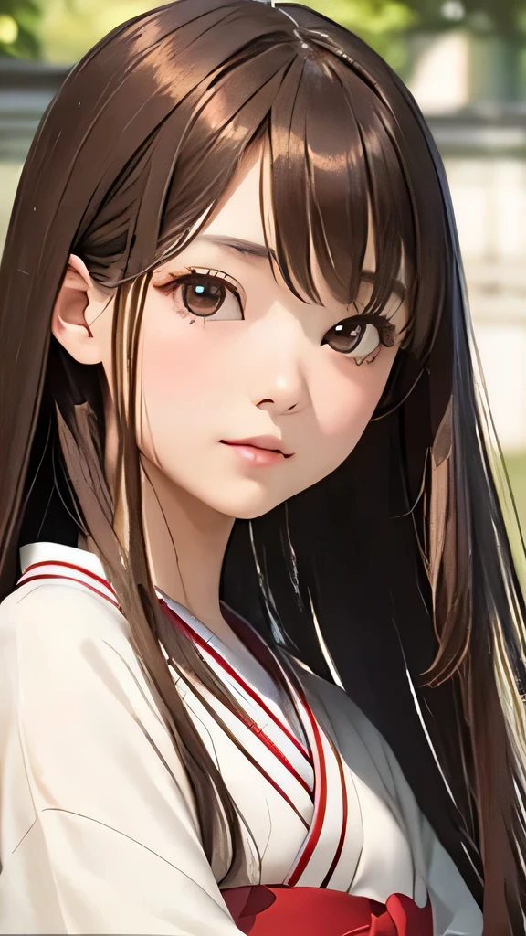 highest quality、realistic、Japanese、girl、zoom、look up、cute、brown eyes、chestnut hair、straight hair、long hair、comb your hair、white kimono、face close up、slender