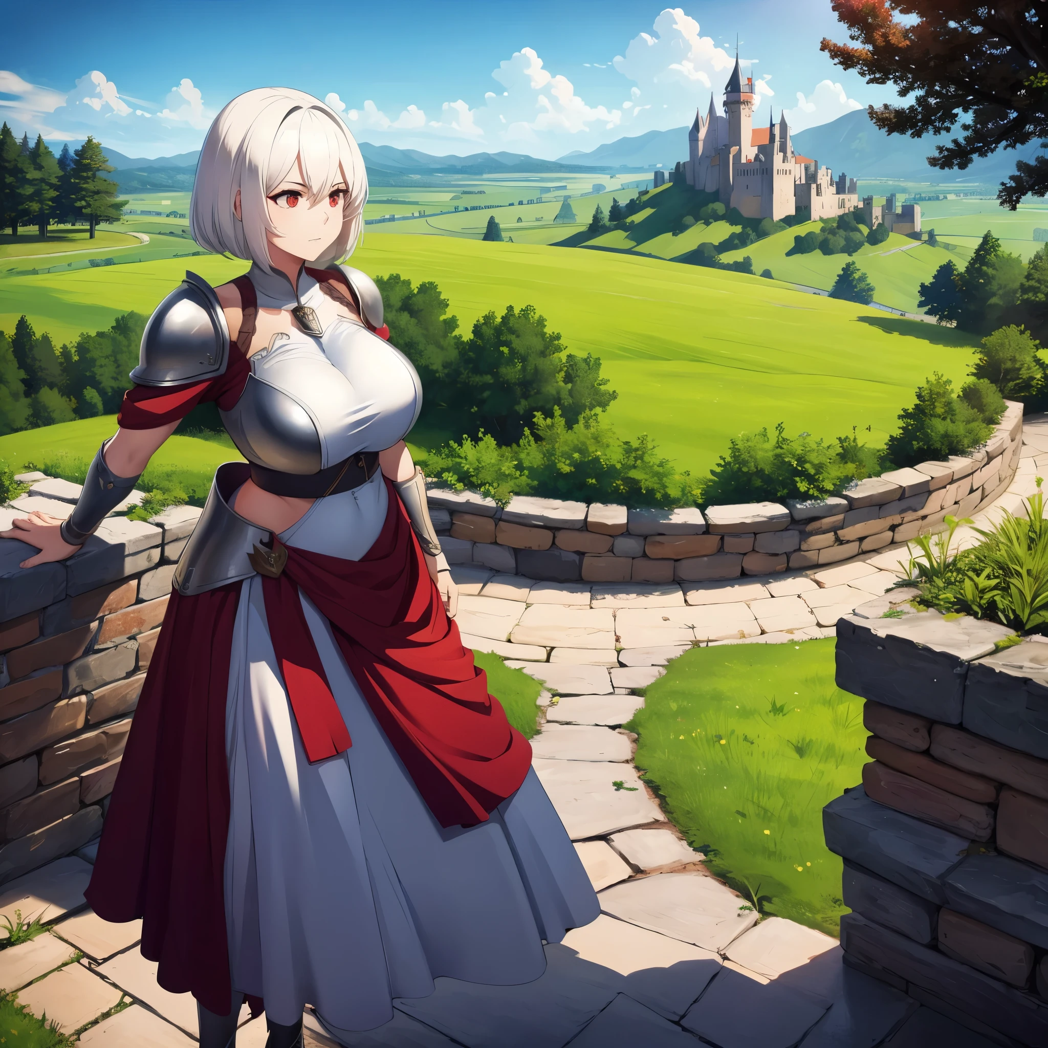 A woman wearing heavy armor, short white hair, red eyes, in a fortress of a medieval castle, medieval theme, blue sky, white clouds, a view of an open field with some trees,(just a girl, solo) ultra resolution, very detailed, HDR, masterpiece, 8K hd
