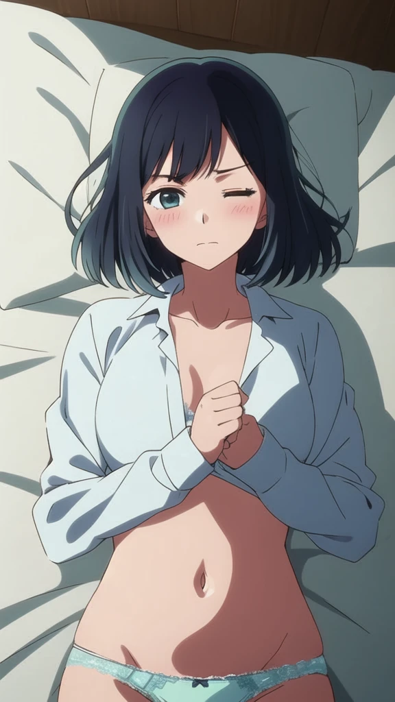 masterpiece, highest quality, , 1 girl, alone,Perfect beautiful light, looking at the viewer, Upper body, Depth of the bounds written, anime coloring book, , Kurokawa Akane, black hair,， Blu-ray,（（ (One eye closed:1.5),））,Lying on your back on the floor,　troubled expression,（（open your mouth:1.5））,exposed chest,Fully open white shirt,exposed chest,Medium chest,（（perfect nipples））,（（lie in bed））,Perfect tummy,blush,Light blue lace panties,Perfect slim thighs