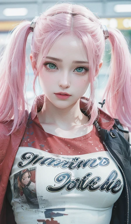 young woman, short shoulder-length pink hair, wide forehead, porcelain skin, pink eyebrows, big emerald green eyes, buttoned nose, full lips, heart-shaped face, slender body, small breasts, red tank top, Sakura Haruno , realistic, realism, details, 3d, well detailed