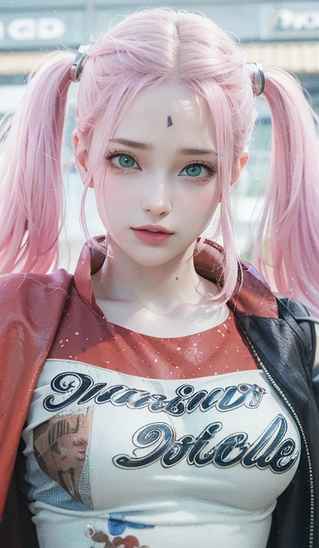young woman, short shoulder-length pink hair, wide forehead, porcelain skin, pink eyebrows, big emerald green eyes, buttoned nose, full lips, heart-shaped face, slender body, small breasts, red tank top, Sakura Haruno , realistic, realism, details, 3d, well detailed
