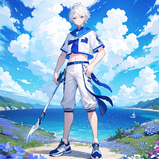 white hair,blue eyes,Handsome,boys,short sleeves,cropped pants,Wearing sneakers,whole body,stand on the ground,Does not expose fingers,The background is a blue sea of flowers,Blue sky and white clouds