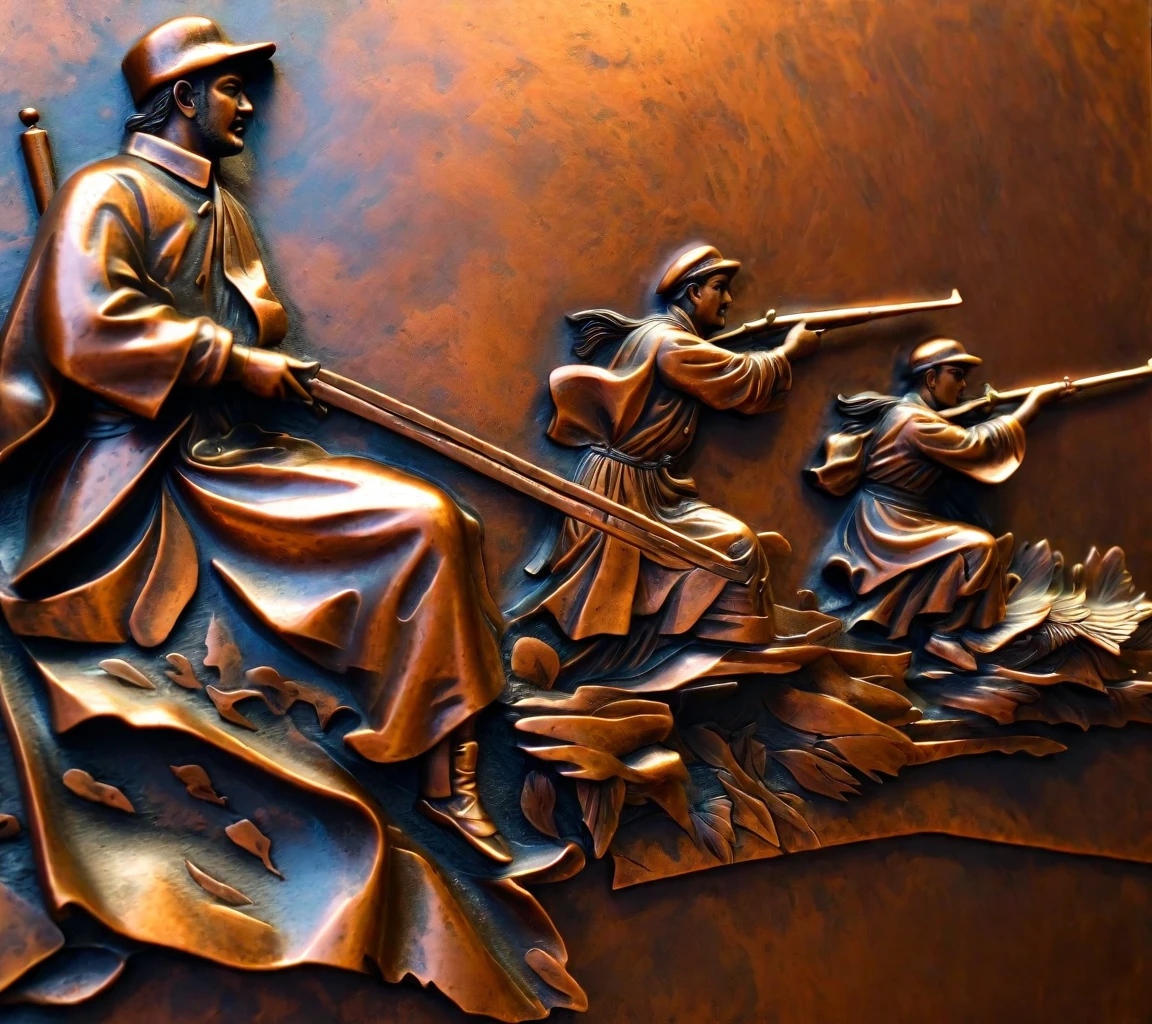 Copper relief，Strong contrast between light and shadow, Sculpture, (masterpiece), (high quality), best quality, actual, Super details, (full details), (4K), 8K