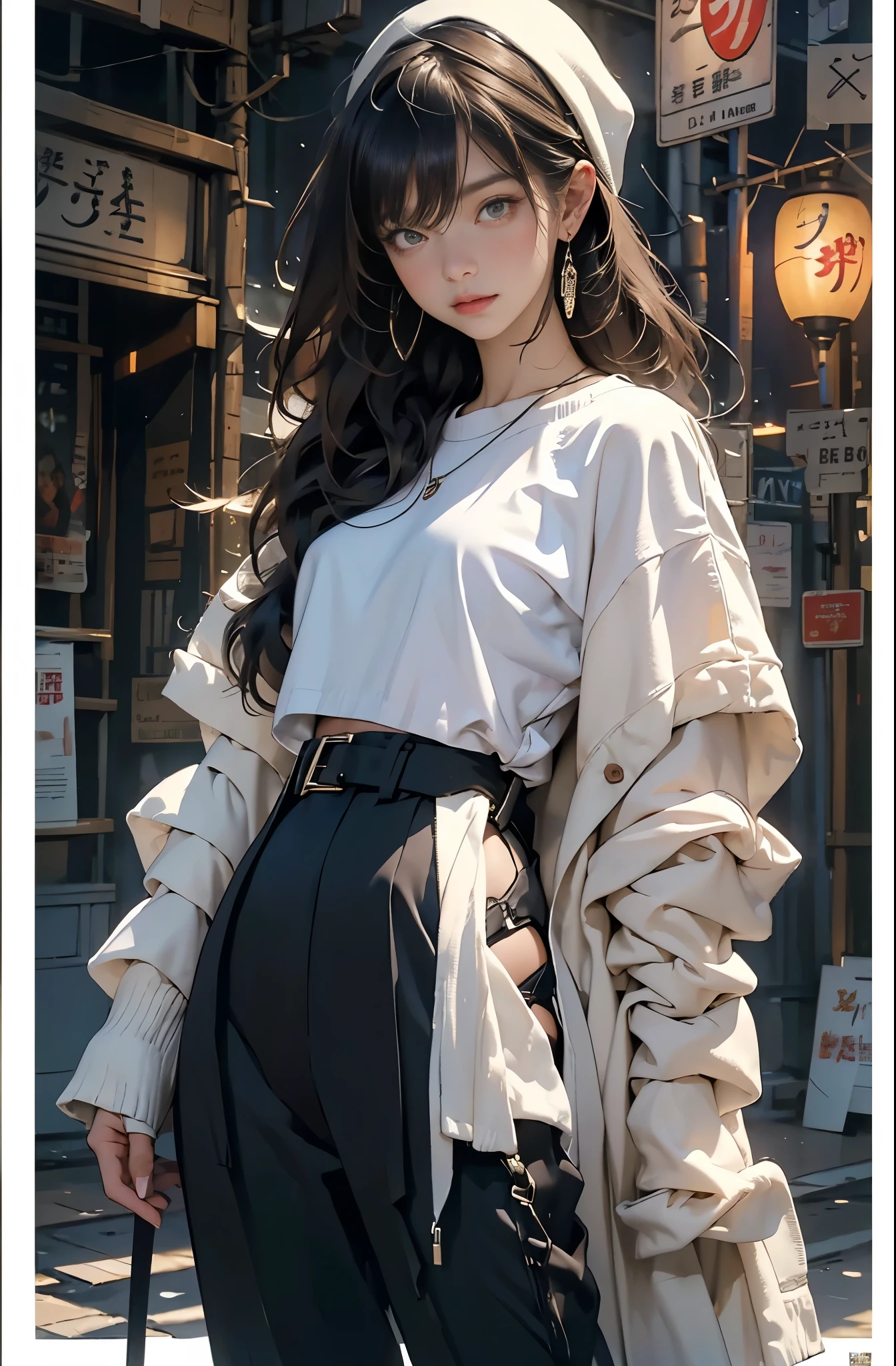 night of summerside, Photo of a beautiful Asian woman standing on a street corner, Perfect model body shape, Stylish pants style, Colorful brown sweater, Stylish hats, very stylish, Mode fashion model, Avenue, night of summerside, with influence of Jeremy Mann, Jeremy Mann, style of Jeremy Mann, Jeremy Mann painting, Jeremy Mann art, Ron Hicks, Liepke, Jeremy Mann and alphonse mucha, Works that influenced Edmund Blampid, robert lenkiewicz, Casey Bo and James Jean, Works that influenced Willem Kalf, Nick Alm, tumbler, figurative art, intense watercolor, watercolor detailed art,Beautiful and expressive paintings, Beautiful artwork illustration, wonderful, cool beauty, masterpiece, highest quality, official art, perfect composition, perfect angle, best shot, The perfect subject, women only, sharp outline, romantic, Moody, very beautiful and detailed eyes, beautiful and delicate eyes, ideal animation, sentimental, Tokyo at night, Roppongi area, neon light, zoom out