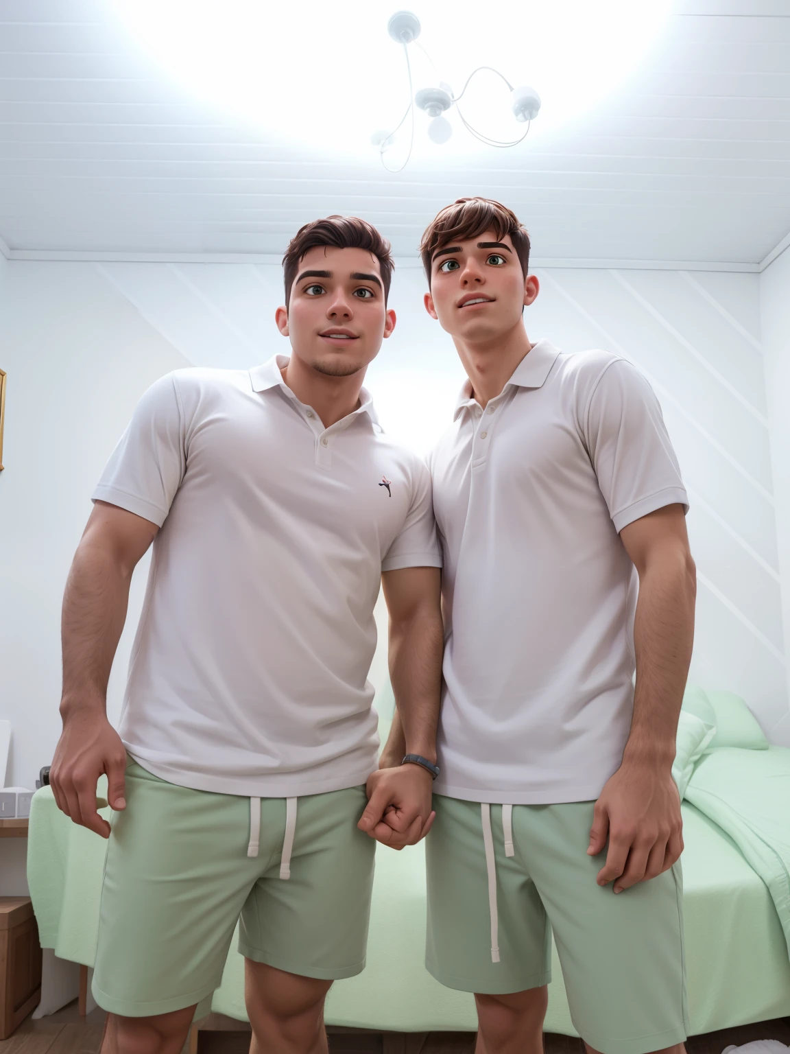 dois homens de camisa rosa e shorts verdes, um ao lado do outro, dois jovens, Pablo Carpio e Jordan Grimmer, Brothers, Petros e Leonid, bowater charlie e brom gerald, with a twin, Beautiful portrait of male twins, colegas de quarto, garotos fofos, adult couple of twins, identical image, cores correspondentes, josan gonzalez e tyler edlin
