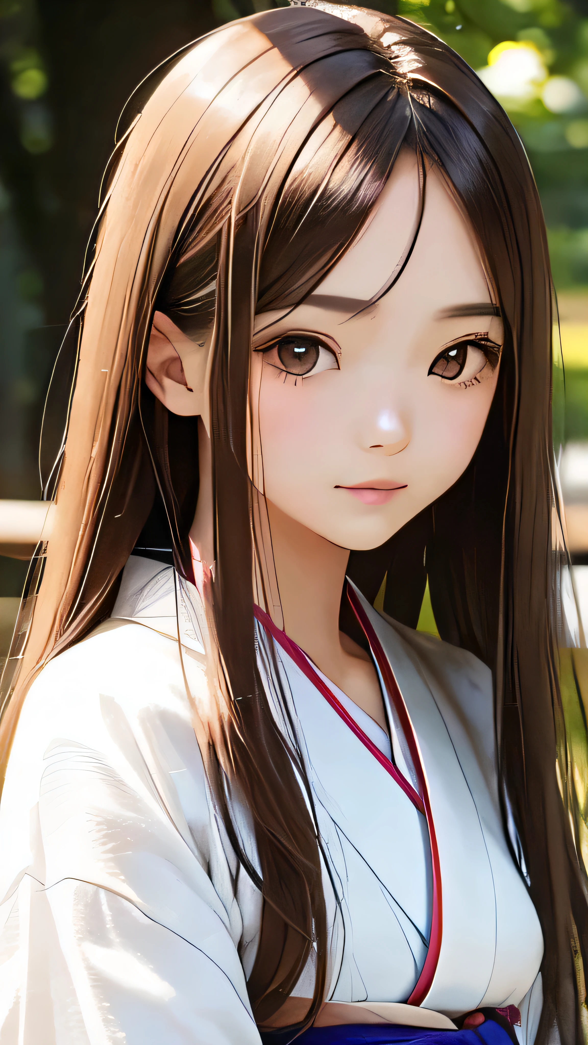 highest quality、realistic、Japanese、girl、zoom、look up、cute、brown eyes、chestnut hair、straight hair、long hair、comb your hair、white kimono、face close up、slender