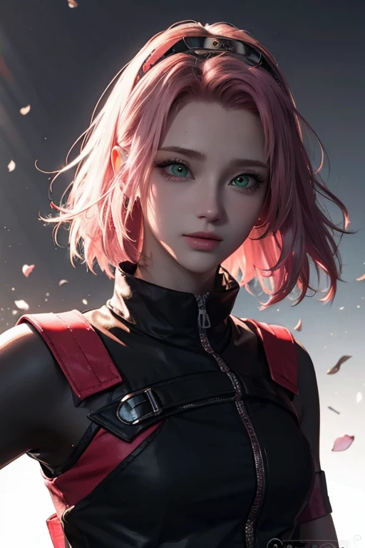 young woman, short shoulder-length pink hair, wide forehead, porcelain skin, pink eyebrows, big emerald green eyes, buttoned nose, full lips, heart-shaped face, slender body, small breasts, red tank top, Sakura Haruno , realistic, realism, details, 3d, well detailed
