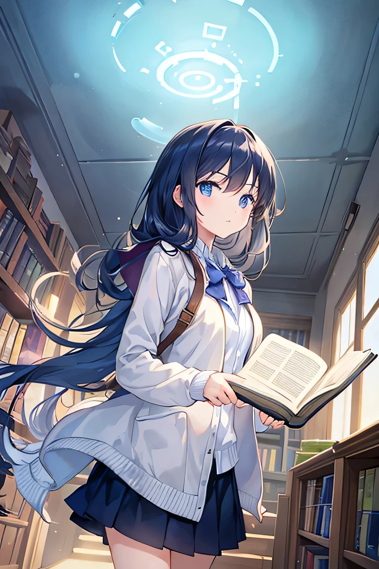 in library, A mysterious light emanates from the opened book, opening a door to another world, A beautiful girl is absorbed by a mysterious light emitted from a book.