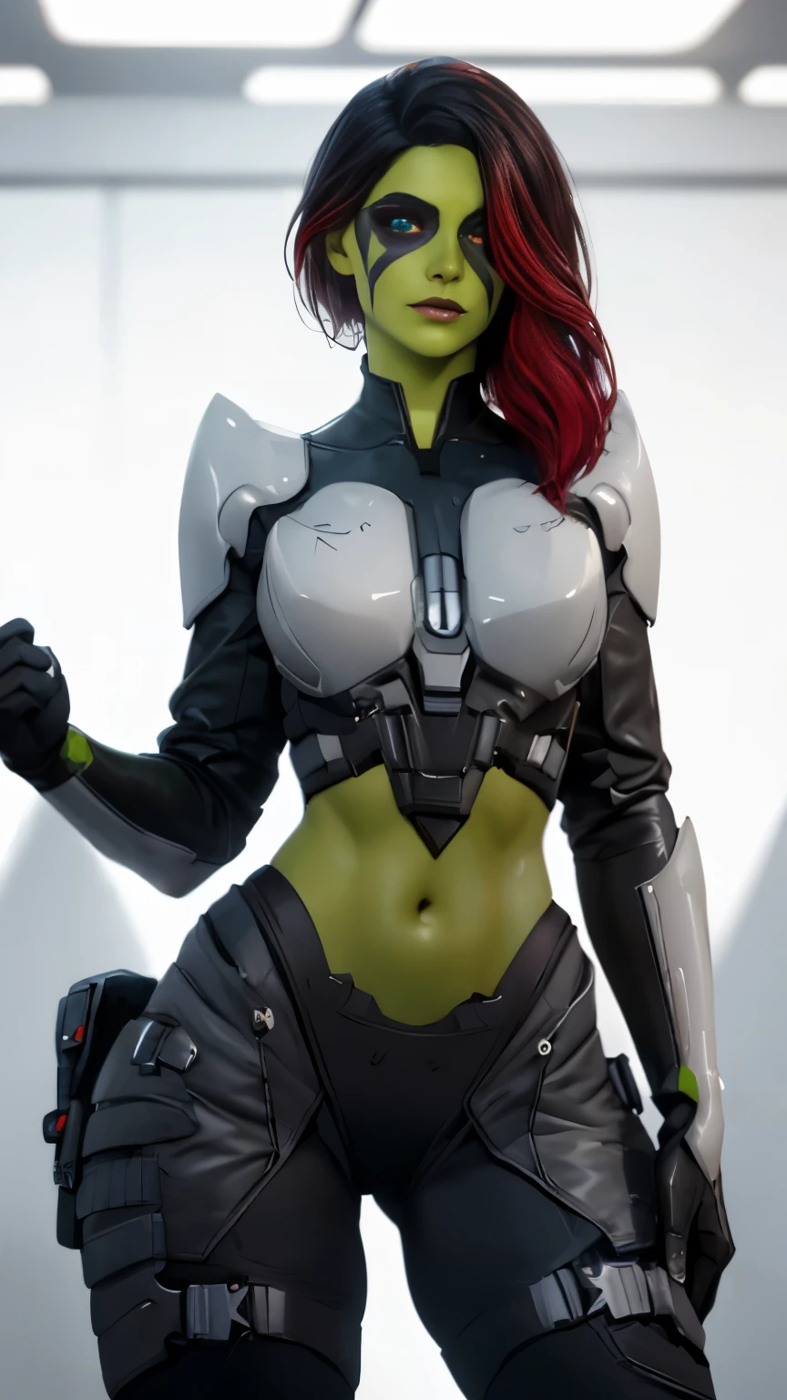 (Highly quality, masterpiece, detailed), science fiction city detailed scenario, science fiction detailed background, solo, 1woman, Gamora, green skin, multicolored hair, red eyes, hair over one eye, black and white crop top 1.3, Abdomen, black and white leggings, armor, gloves, sleeves, light smile, beautiful eyes, look at the viewer, Sexy pose