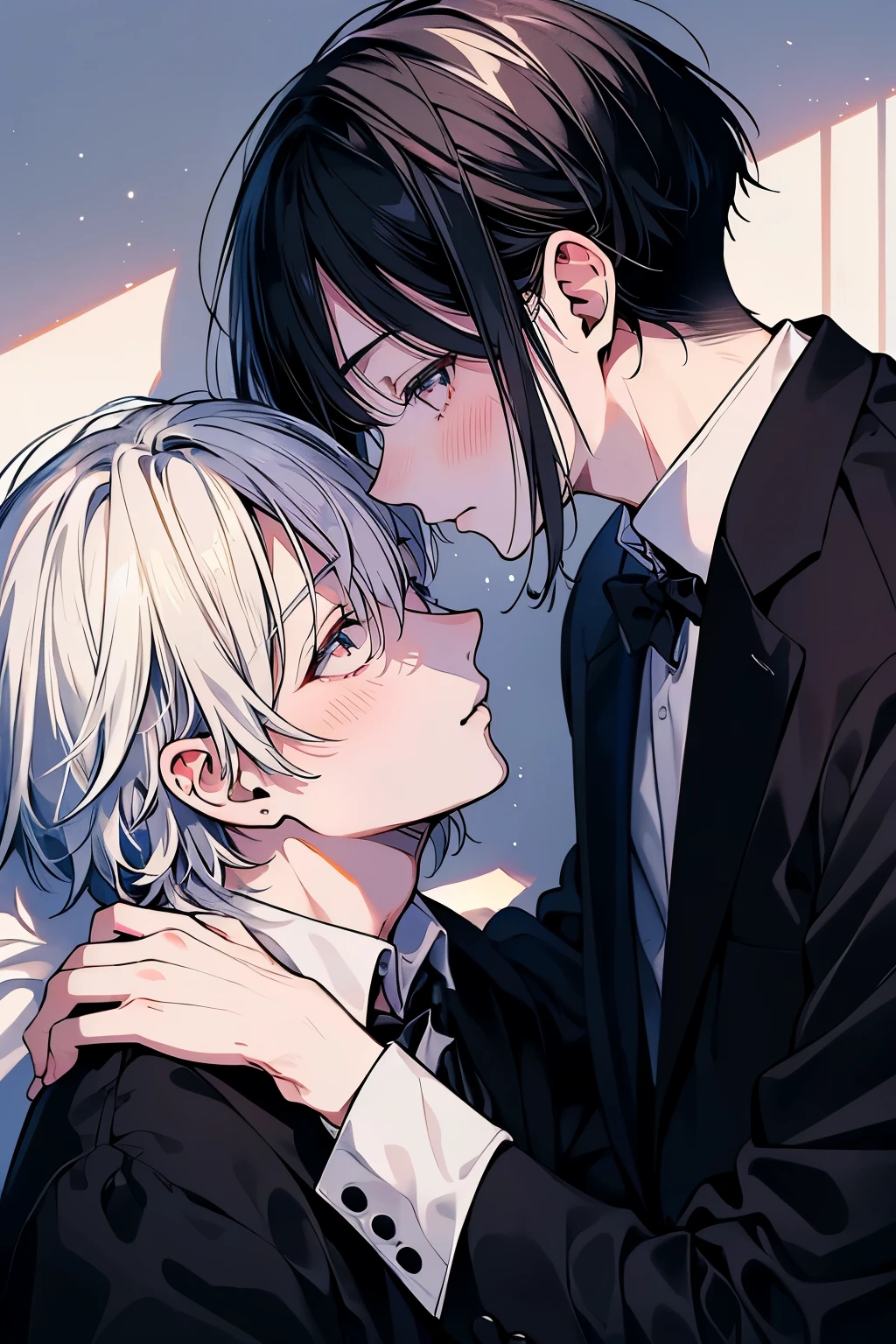 (muste piece), (best quality), very detailed, ((two men intimate)), perfect face, beautiful face, very detailed顔,(black haired man:1.3),(white haired man:1.3),suit,shirt