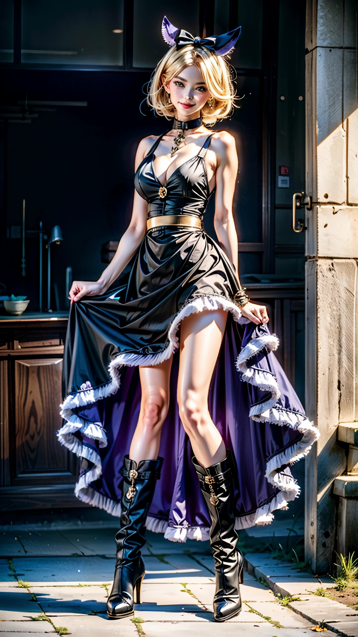 (1 woman only), (CG Unity), (ultra-detailed), (best illustration), (best shadows), (16K), (Ultra high quality), (masterpiece: 1.5), (photorealism: 1.5), (3D render), (volumetric_light), (anime style),(subsurface_scattering_effect:1.2), (bloom_shader_effect:1.2),(perfect_anime_eyes), (detailed_pupils), (better_hands), (perfect_hands), (delicate_hands), (perfect_fingers), (better_fingers), (delicate_fingers), (dark blue dress, black boots), 16 years old Gothic Style Alice in Wonderland, ((blonde hair, pale skin)), ((breasts:1.1)),((long stylized legs:1.1)),((waist:0.9)),((hips.1.1)), ((luscious lips)), sexy smile, sexy gaze, (arms behind:1.2), leaning forward, ((full body shot:1.3)), (((cheshire cat in the background)))