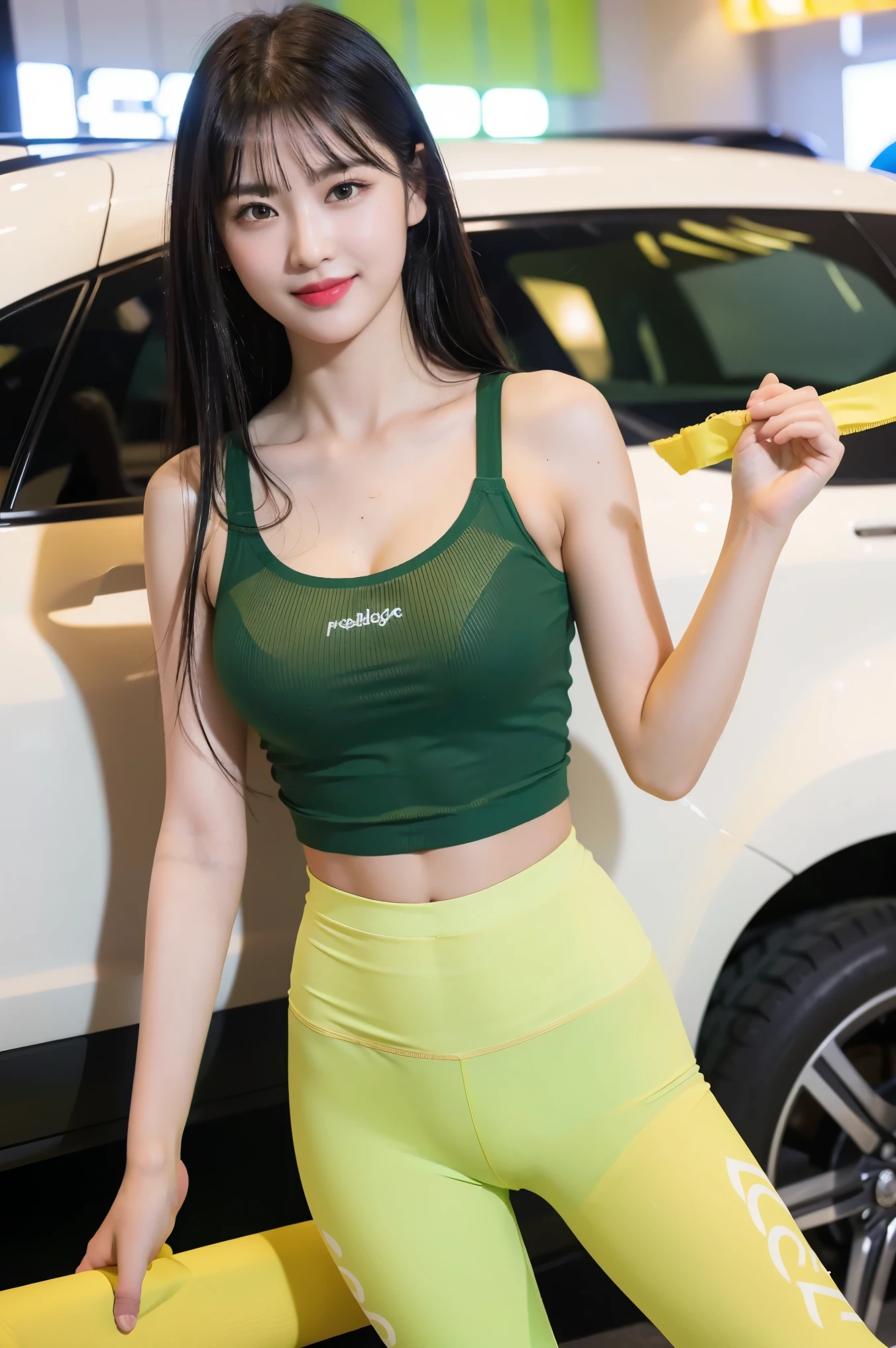 (8K), (highest quality: 1.2), (realistic), (realistic: 1.37), ultra high resolution, (1 girl, cute, smile, closed mouth, thick lips,red lip,beautiful details, beautiful nose, (straight black hair), smooth hair,giant dulcefo, self snap,(low rise,Yellow-green nylon yoga pants:１.2),tank top bra,(Natural knee-high socks),Model poses at the motor show,Standing,Close up on wet thighs,(Medium Shot:1.2),