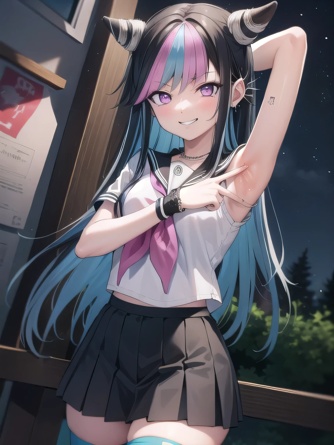 ibukimioda, ibuki mioda, black hair, blue hair, hair horns, ear piercing, lip piercing, long hair, multicolored hair, (pink eyes:1.5), pink hair, white hair,
BREAK asymmetrical legwear, black skirt, blue thighhighs, jewelry, mismatched legwear, neckerchief, necklace, piercing, pleated skirt, ring, , serafuku, shirt, skirt, thighhighs, torn clothes, torn thighhighs, zettai ryouiki,
looking at viewer, solo, night sky, forest, arms behind head, contrapposto, spread armpits, grin, upper body,
BREAK (masterpiece:1.2), best quality, high resolution, unity 8k wallpaper, (illustration:0.8), (beautiful detailed eyes:1.6), extremely detailed face, perfect lighting, extremely detailed CG, (perfect hands, perfect anatomy),