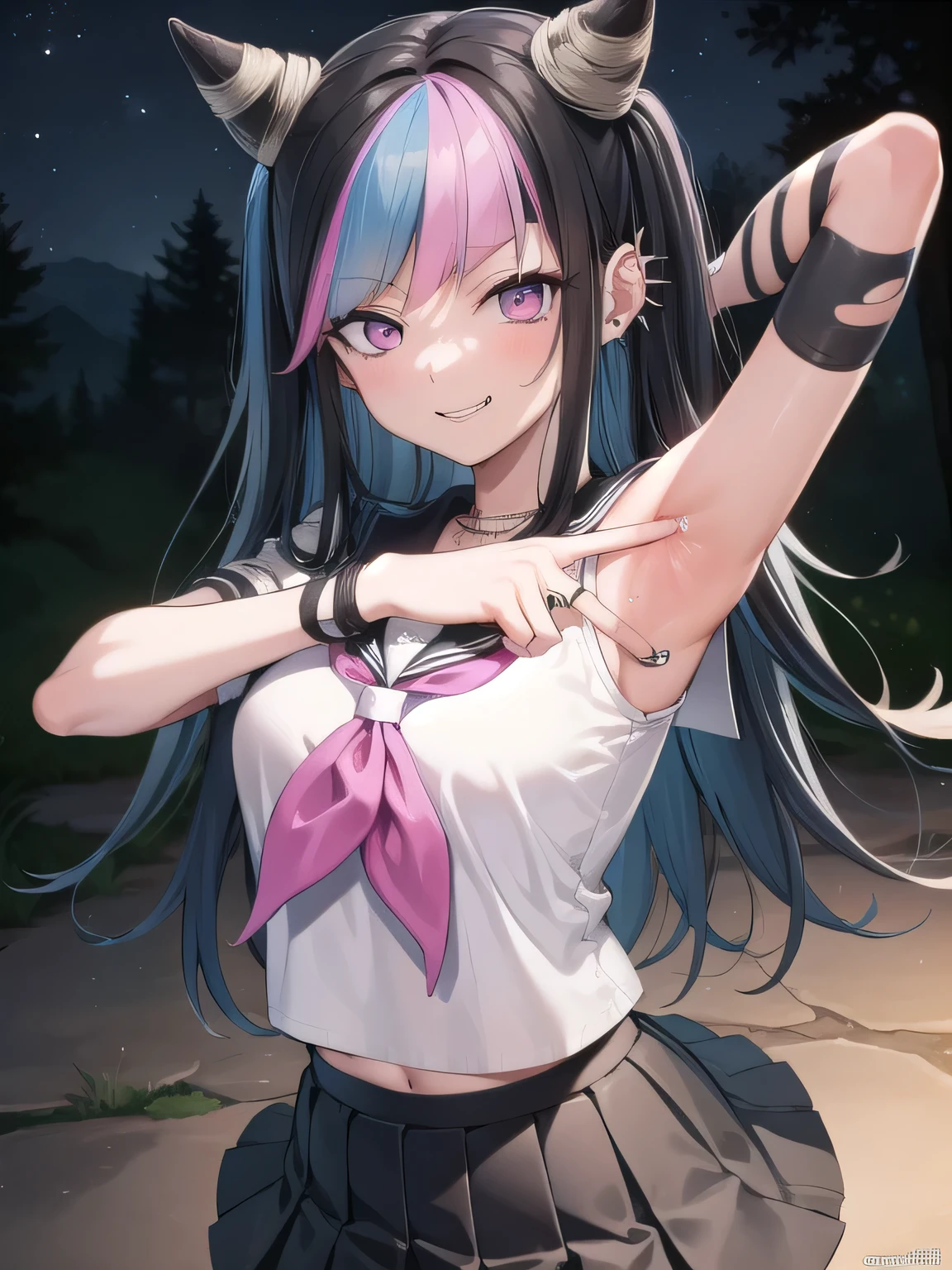 ibukimioda, ibuki mioda, black hair, blue hair, hair horns, ear piercing, lip piercing, long hair, multicolored hair, (pink eyes:1.5), pink hair, white hair,
BREAK asymmetrical legwear, black skirt, blue thighhighs, jewelry, mismatched legwear, neckerchief, necklace, piercing, pleated skirt, ring, , serafuku, shirt, skirt, thighhighs, torn clothes, torn thighhighs, zettai ryouiki,
looking at viewer, solo, night sky, forest, arms behind head, contrapposto, spread armpits, grin, upper body,
BREAK (masterpiece:1.2), best quality, high resolution, unity 8k wallpaper, (illustration:0.8), (beautiful detailed eyes:1.6), extremely detailed face, perfect lighting, extremely detailed CG, (perfect hands, perfect anatomy),