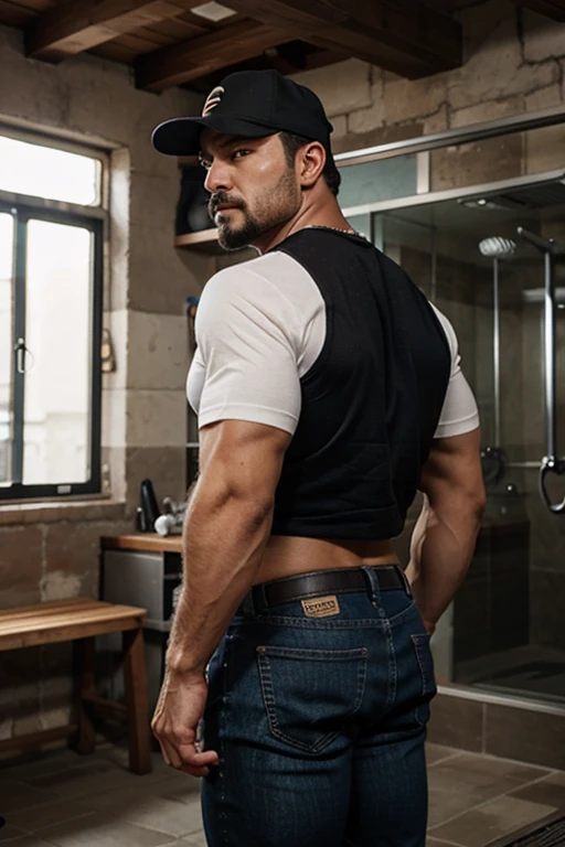 hulk photography, light cinematic heavyweight bodybuilder, 75 kg of complete muscle, Bigote grueso y trozo chino barbudo, hombres muy guapo. perfect body proportion,, hypermuscular nalgon, realista, cowboy with cap, black jeans, white shirt, backside