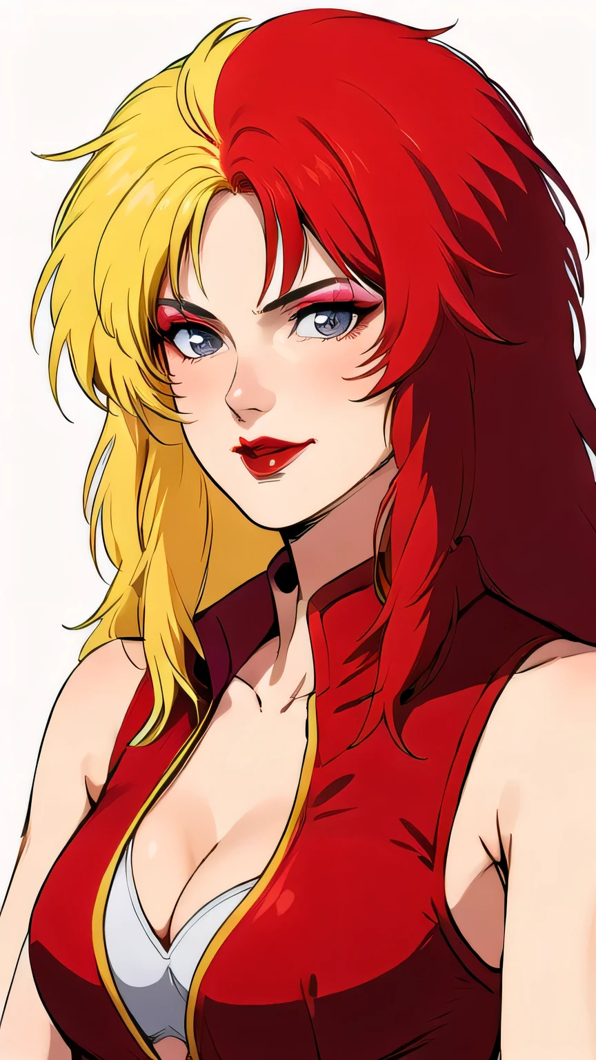 masterpiece,high quality,(white background:1.5),
solo,smile,looking at viewer,
chara_soon,1woman,
long hair,multicolored hair,two-tone hair,split-color hair,blonde hair,red hair,grey eyes,makeup,lipstick,cleavage,breasts,
jacket, bralette under jacket ,open clothes,sleeveless,
face focus,upper body