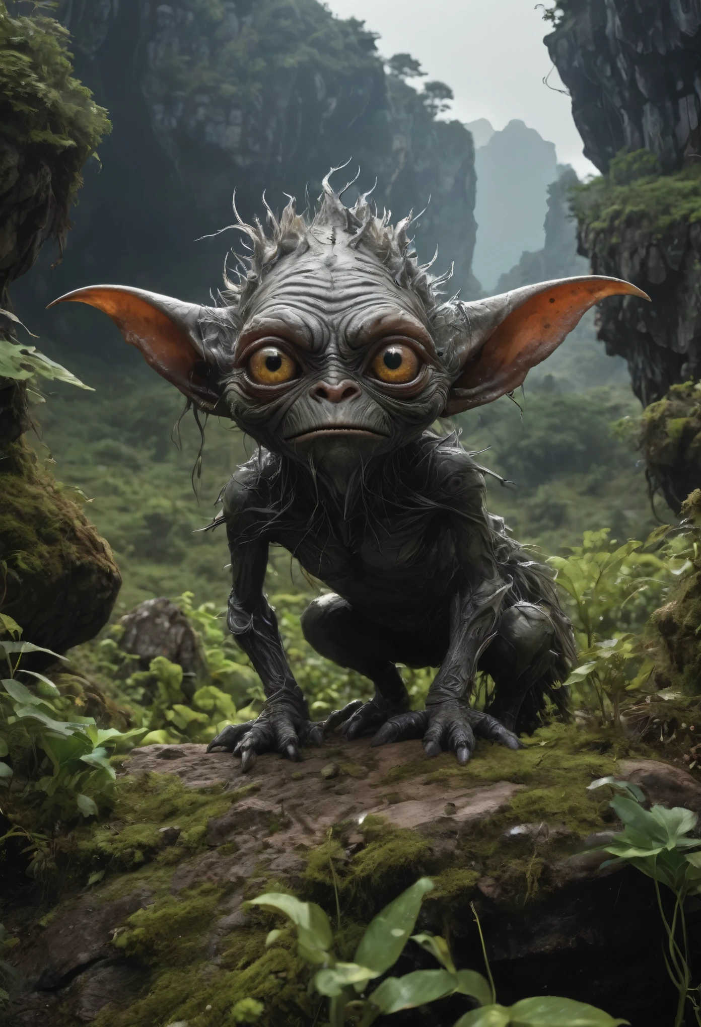 full-body-shot,Very tall , who can't fly,Cinematic, Technicolor,natural skin textures, hyper realisitc, hyper detailed,Extremely detailed,High contrast,Realistic,Chalsedoon goblin, back view,full body length,evil ghost,Hobgoblin,pretty face,intricate details,realistic humid skin,extremely intricate details,anatomically correct, eyes extremely detailed, high detailed eyes,High contrast,Ultra HD,Retina,HDR,photo,photorealism,Masterpiece, natural skin textures, hyper realism,hyper detailed,High contrast,(HDR:1.4),Realism,Ultra Detailed,irina yermolova, close full body shot,16K resolution,RAW, Nikon Z9,Paul Zizka,full body length,niobium goblin,native irish,pretty face,eyebrow up,full body shot,ominous landscape,niobium gray atmosphere,by art Simon Stalenhag,Nicola Samori,(((Wangechi Mutu))),prime colors,urban,extremely detailed,masterpiece,intricate details,faded,eyes extremely detailed, high detailed eyes,4k resolution,islands levitating above ground, Nikon Z9,scary village of stalkers,Stone Forest in Yunnan Province of China