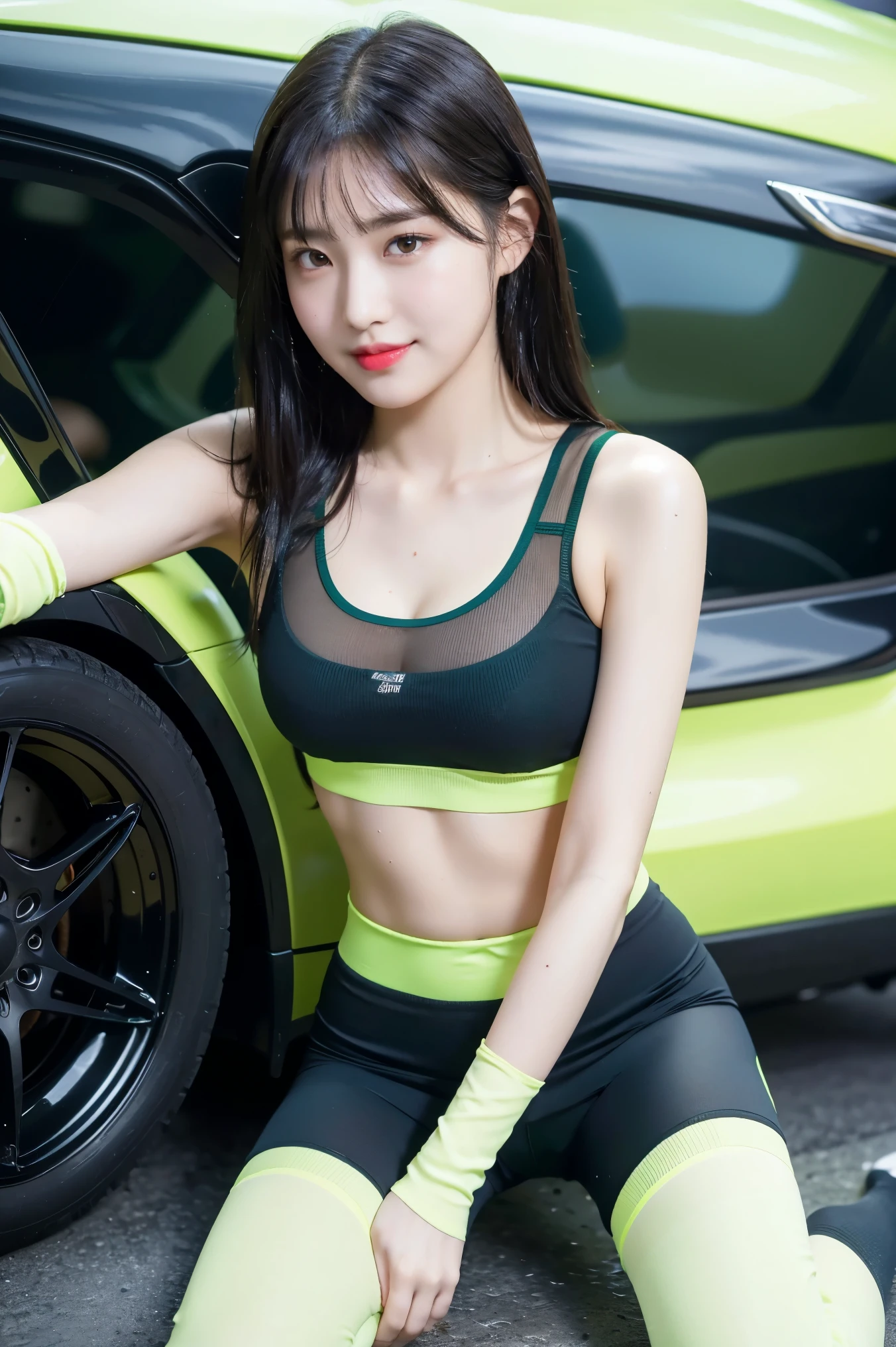 (8K), (highest quality: 1.2), (realistic), (realistic: 1.37), ultra high resolution, (1 girl, cute, smile, closed mouth, thick lips,red lip,beautiful details, beautiful nose, (straight black hair), smooth hair,giant dulcefo, self snap,(Bright lime green sports bra),(Yoga Shorts:1),(Natural knee-high socks),Model poses at the motor show,(Standing:1.1),Close up on wet thighs,(Medium Shot:1.2),