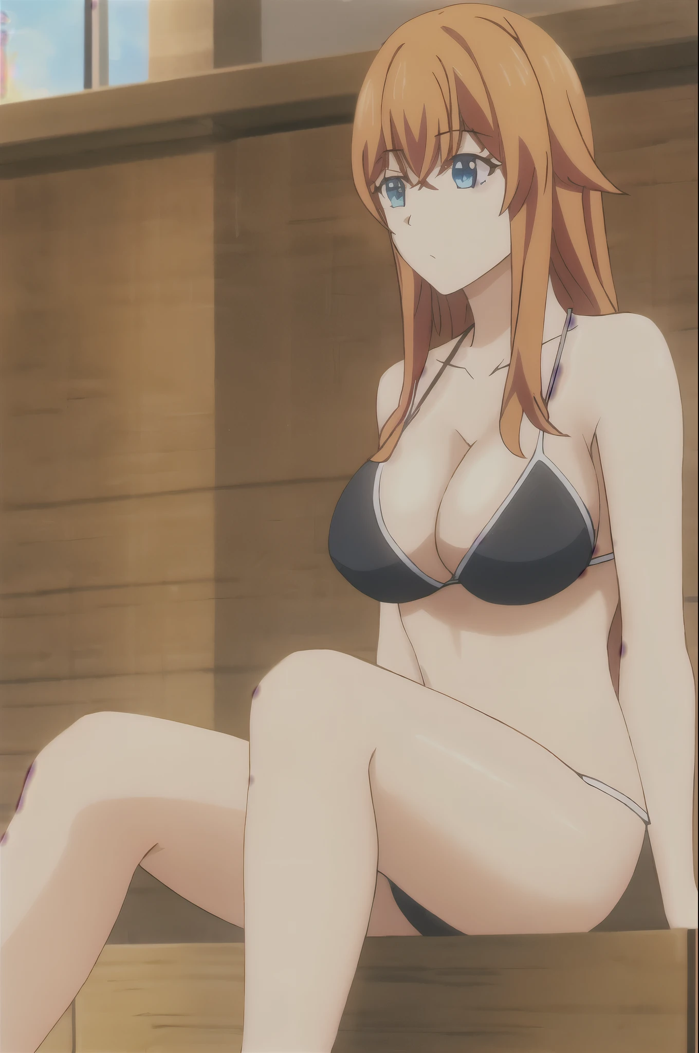 yurii, 1girl, solo, long_hair, breasts, large_breasts, cleavage, medium_breasts, sitting, blue_eyes, orange_hair, indoor, sitting, beach, black_bikini