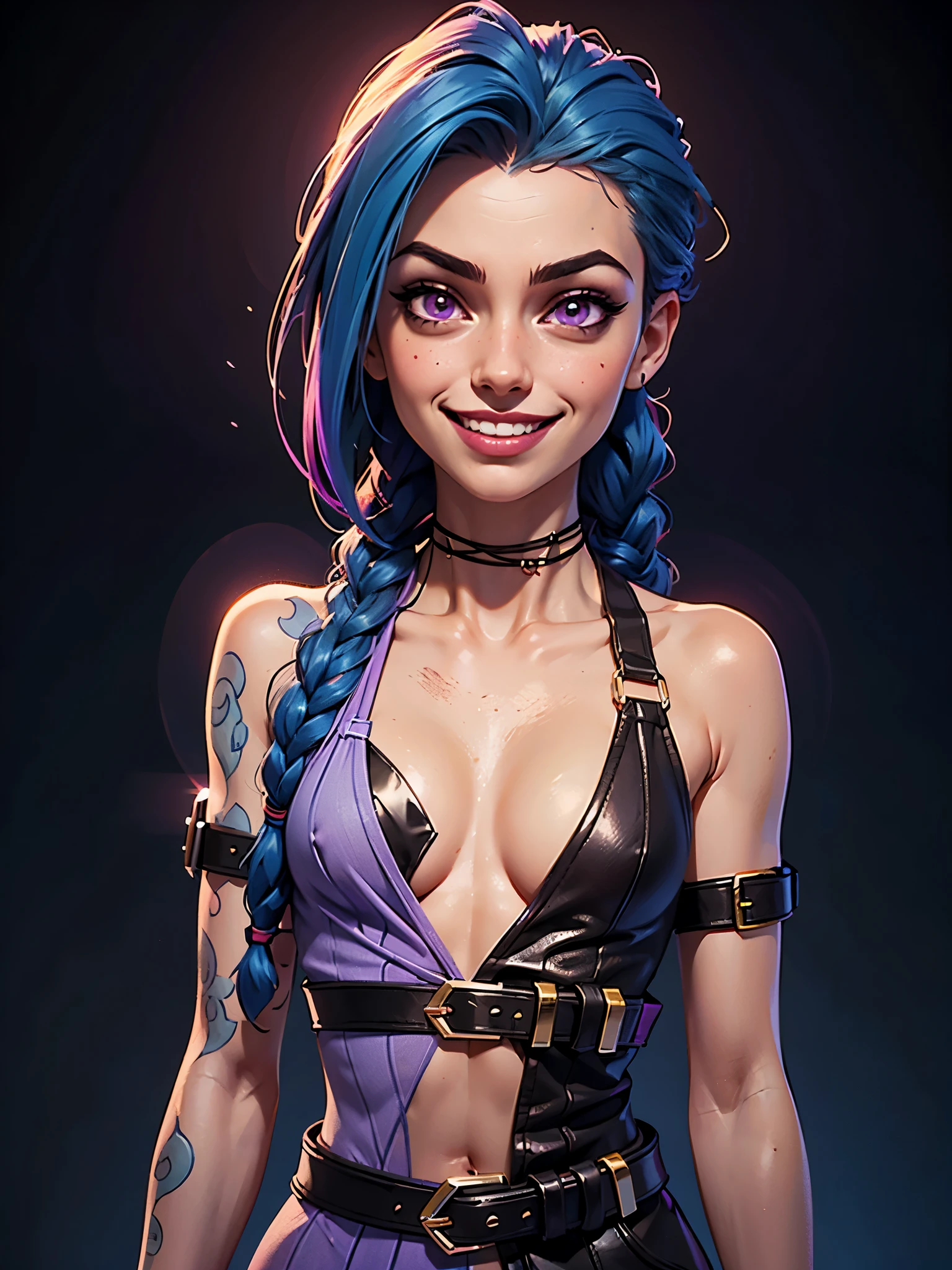 one white girl, jinx, jinx from arcane, solo, abs, slender body, (upper body, bust:1.2), purple eyes, long braid, blue hair, choker, grey skin, (transparent clothes, tiny breasts, small breasts, male chest, cleavage:1.5), bare shoulders, belts, shoulder-belts, masterpiece, highly detailed, look at viewer, expressing joy, shiny blured orange background, gradient sprayed background, smile, happy face, naughty grin, front view, gradient red purple background, blured background, glowing edges of image