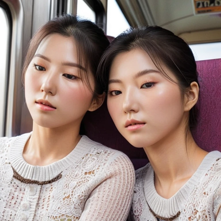 (high resolution, ultra-detailed, photorealistic), ((half body:1.4)) photo of sjang and her identical twin, leaning on each other, sitting in a train, beautiful, amazing
