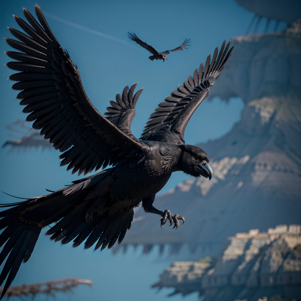 bird,in motion,black feathers,crow,close up view,detail of wings,shiny black beak,sharp claws,piercing eyes,taking flight,swooping down,dramatic sky,mid-air,feathers ruffled by wind,strong wind,hunting for prey,intense gaze,ominous presence,[mysterious:0.9],[dark:0.9],[elegant:1.1],[majestic:1.1],[detailed:1.2],[highres:1.2],[photorealistic:1.37],[vivid colors],[contrast:1.1],[dramatic lighting],[dynamic composition]
