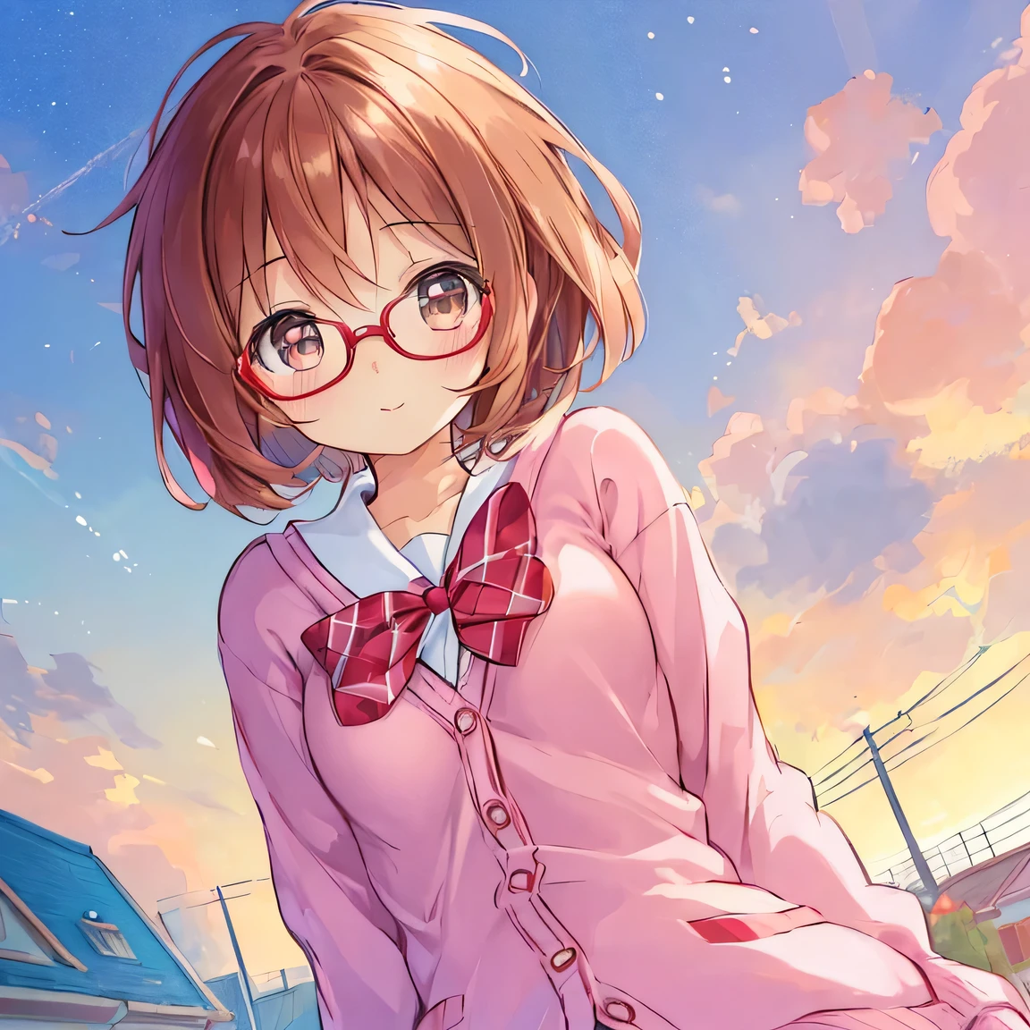 ((masterpiece)), ((best quality)), (ultra-detailed), ((kawaii)), cute, (lovely), illustration, anime style, dynamic angle, upper body, upper body focus, a cute girl, 1girl, solo, School rooftop, pastel pink cardigan, (beautiful eyes), brown eyes, beautiful Light brown hair, short bob hair, red frame glasses, small breast, slim, slender, Confident expression.