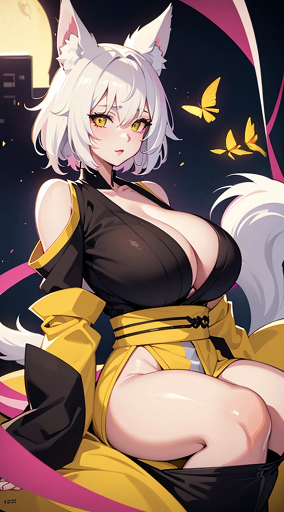 adult women, short hair white hair, high ponytail, Fox ears and tail, yellow eyes, black kimono, pink lipstick, masterpiece, high quality,beautiful breasts、huge breasts:1.4,plump breasts