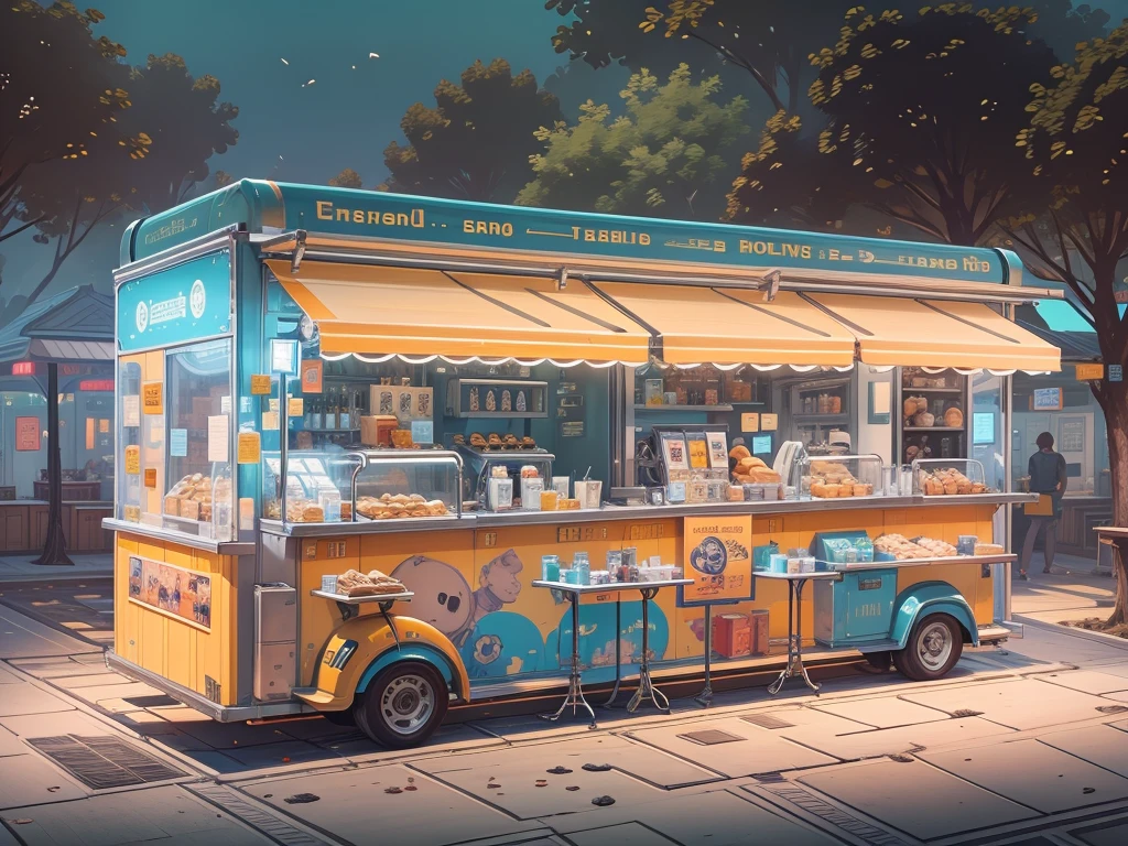 1 food truck, A girl selling breakfast, Morning, LED light, Color LED, Sandwiches, drinks, Menus, Breakfast 5 euros, 製作Sandwiches