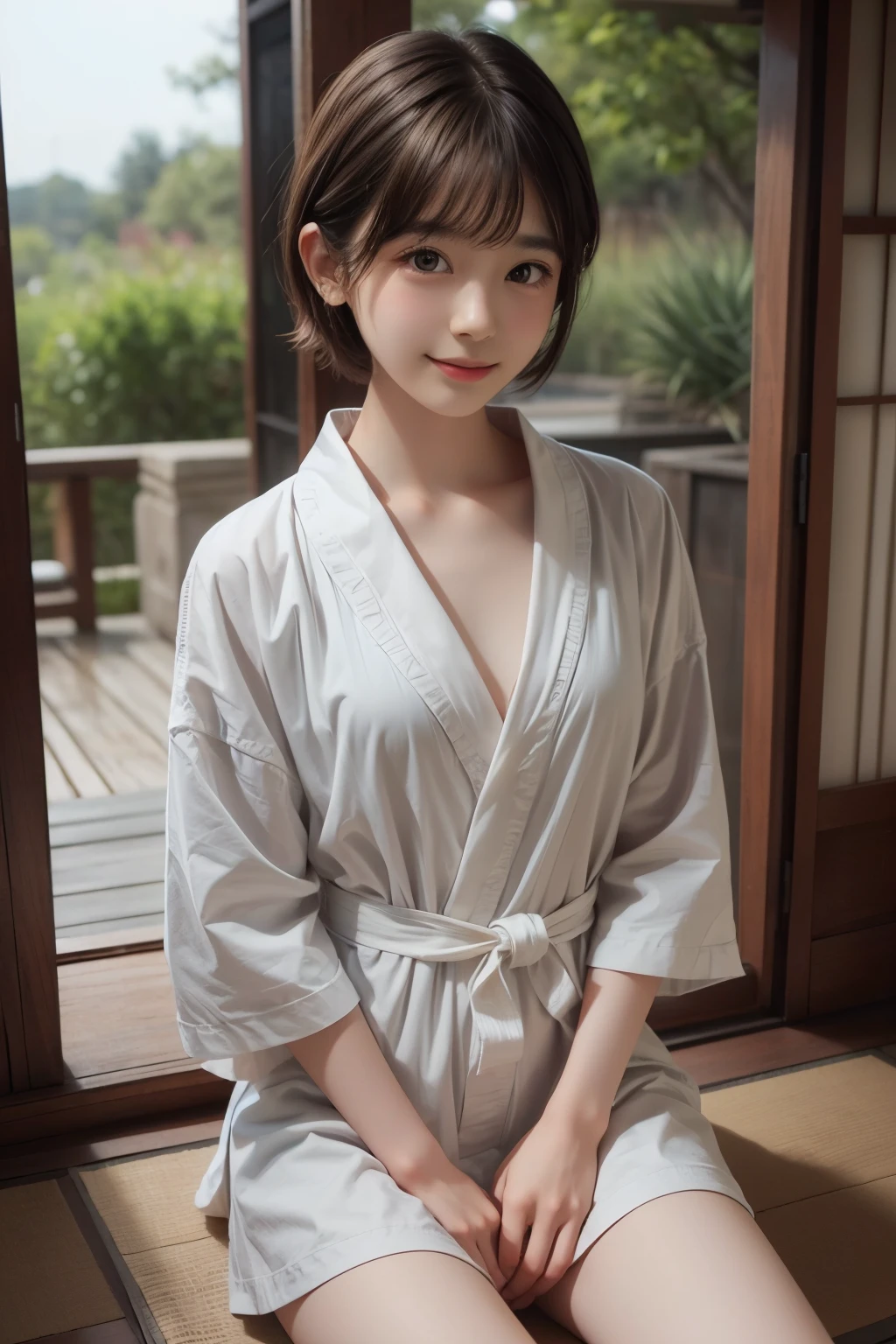 ((sfw: 1.4)), ((sfw, bathrobe, bony body, extra short hair, sidelocks-hair, smile, 1 girl)), ultra high resolution, (real: 1.4), RAW photo, highest quality, (photorealistic), focus ,Soft light,(()),((Japanese)),(((Young face))),(Surface),(Depth of field),Masterpiece,(Photoreal),Woman,Bangs,( (1 girl)