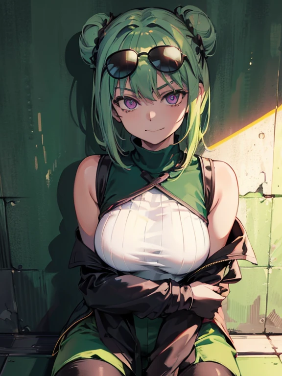 (highres), (best quality), (detailed) 1 girl, alone, medium hair, pastel green hair, twin buns, evil smile, violet eyes, round black sunglasses on head, black sleeveless turtleneck top, green shorts, dark brown boots, day time, abandoned place, wall, provoking pose