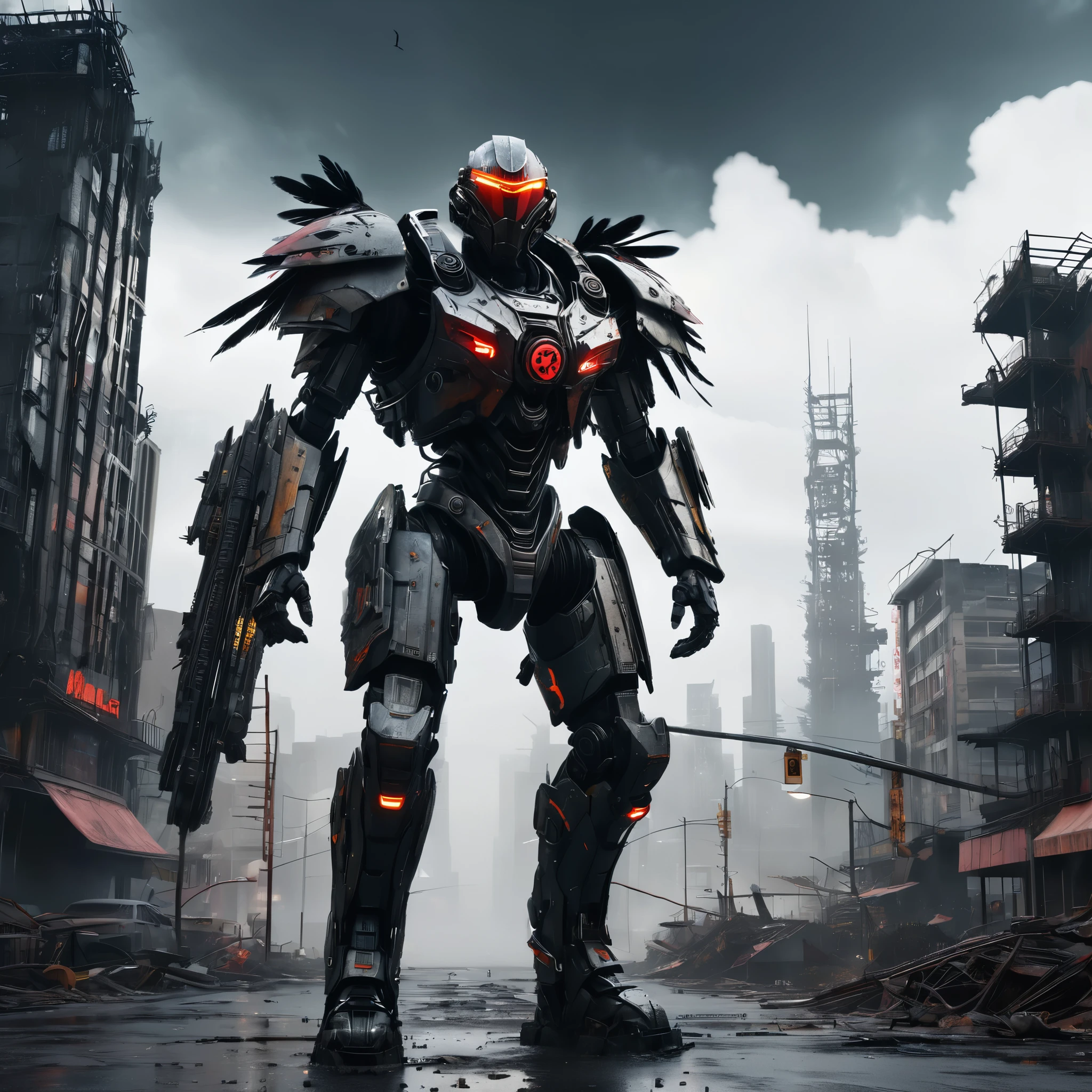 (highres:1.2),detailed battle cyborg,strides through ruined city with Crow theming,incredible attention to detail,metallic armor with intricate designs,glowing red eyes,feathers and wings on the back,sinister atmosphere,dark and desolate streets,destroyed skyscrapers in the background,mysterious fog,ominous shadows,contrast of vibrant city lights with the dystopian setting,post-apocalyptic ambiance,gritty and gritty textures,high-tech weapons and gadgets,mechanical limbs,sparks of electricity,fine reflection and shine on the armor,sharp and dramatic lighting effects,slightly desaturated color palette,expressive pose and dynamic movement,ominous clouds hanging in the sky.