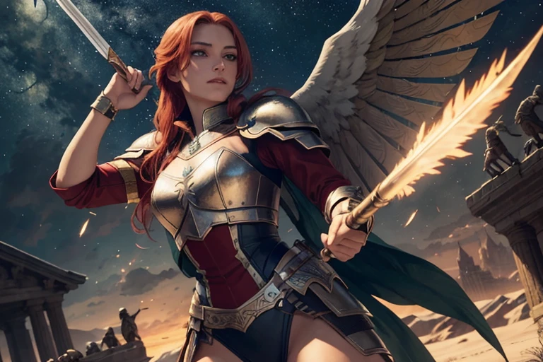 masterpiece, highest quality, highest quality, beautiful and aesthetic:1.3, valkyrie, Lady Warrior, green eyes, redhead, Fightfield background, cigarette, armor, fantasy, Fight, No weapon in hand, double wing, starry sky, night, beautiful eyes, five fingers