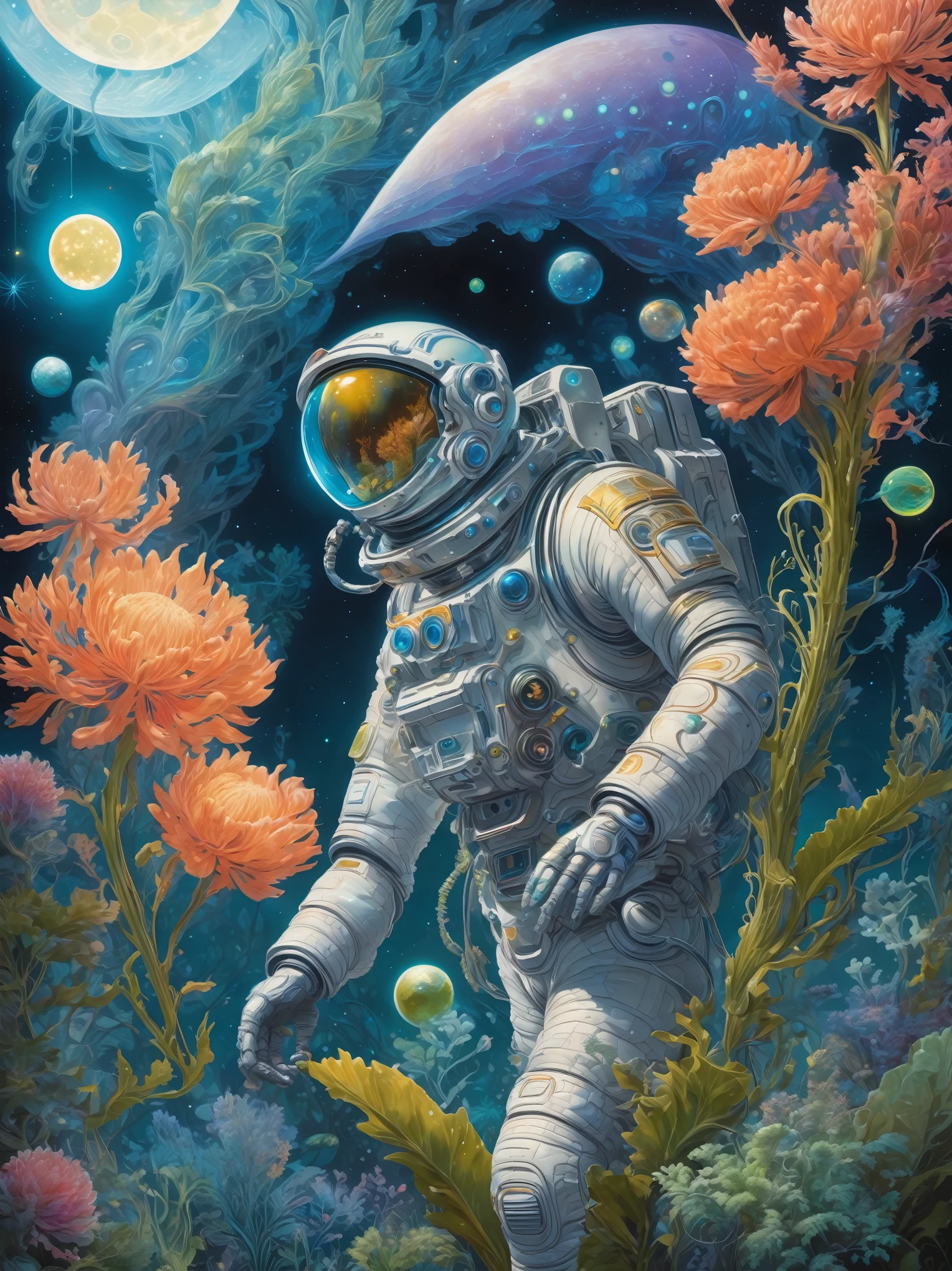Images of a fascinated astronaut encountering alien life forms, Illuminated by bioluminescent plants, Very detailed, Surreal, 10k high resolution, Gouache style, graffiti art, Glass-blown, Influenced by Art Nouveau, dadaist, and futurism, The Art of Moon Encryption Wow,