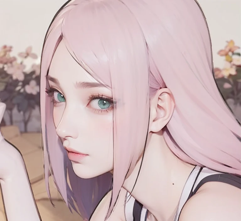 young woman, short shoulder-length pink hair, wide forehead, porcelain skin, pink eyebrows, big emerald green eyes, buttoned nose, full lips, heart-shaped face, slender body, small breasts, red tank top, Sakura Haruno , realistic, realism, details, 3d, well detailed
